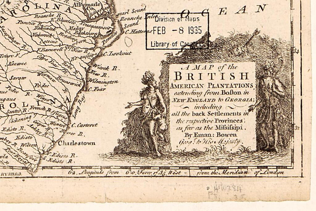 This old map of A Map of the British American Plantations, Extending from Boston In New England to Georgia : Including All the Back Settlements In the Respective Provinces As Far As the Mississipi (Map of the British and French Plantations In North Ameri