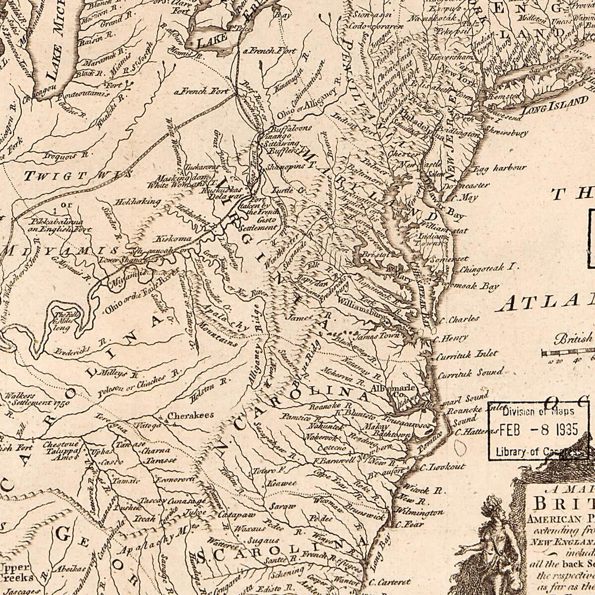This old map of A Map of the British American Plantations, Extending from Boston In New England to Georgia : Including All the Back Settlements In the Respective Provinces As Far As the Mississipi (Map of the British and French Plantations In North Ameri