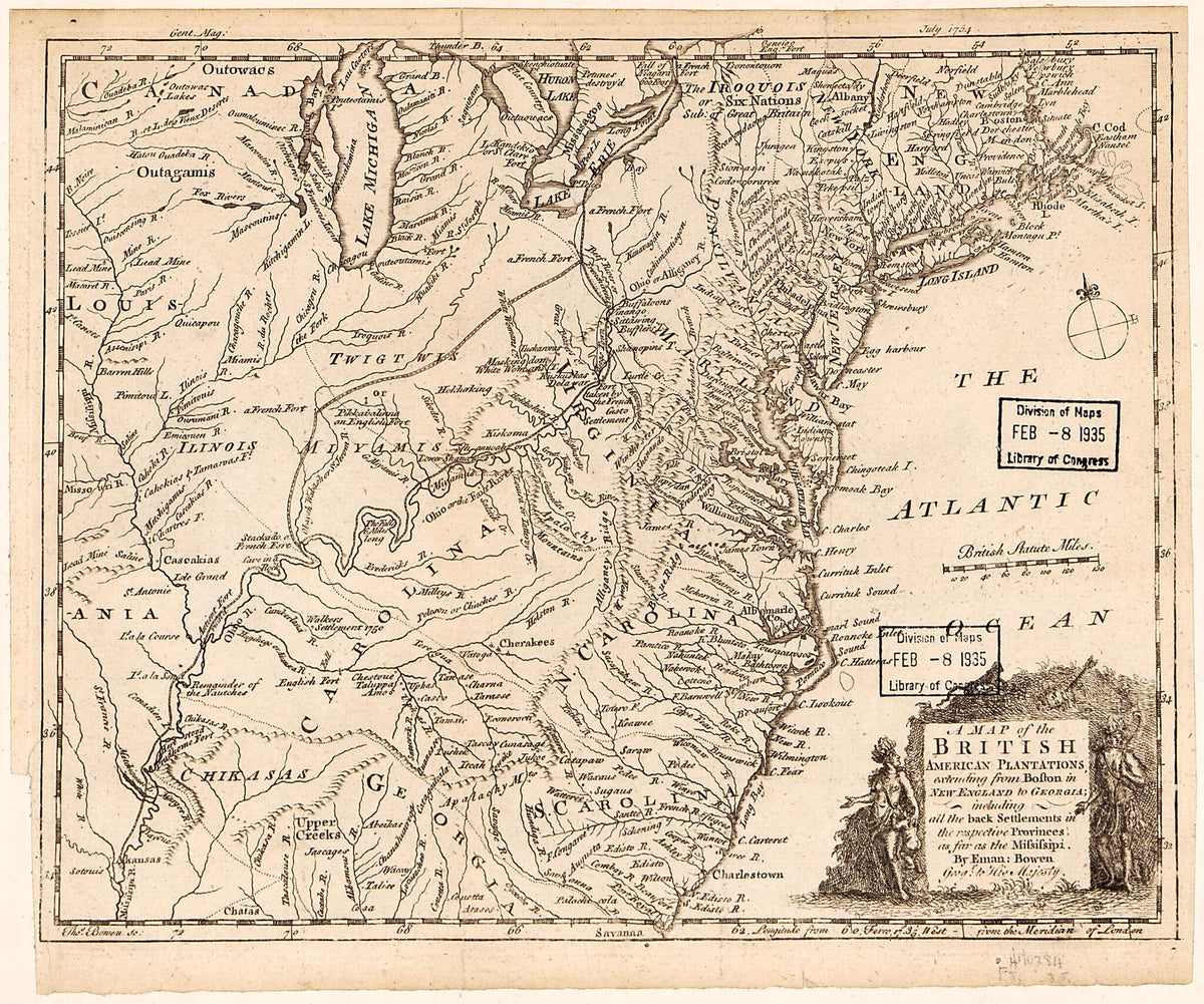 A Map of the British American Plantations, Extending from Boston In New England to Georgia : Including All the Back Settlements In the Respective Provinces As Far As the Mississipi (Map of the British and French Plantations In North America) 1754 by Relic Map Company