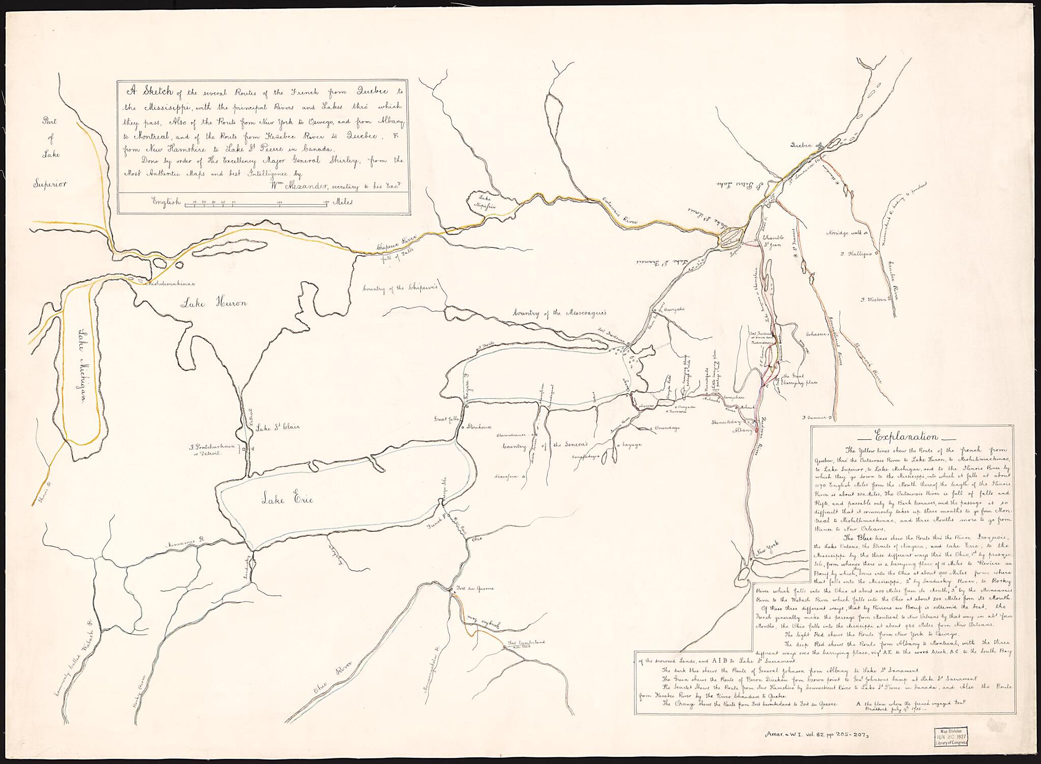 This old map of A Sketch of the Several Routes of the French from Quebec to the Missisippi, With the Principal Rivers and Lakes Thró Which They Pass : Also of the Route from New York to Oswego, and from Albany to Montreal, and of the Route from Kenēbec