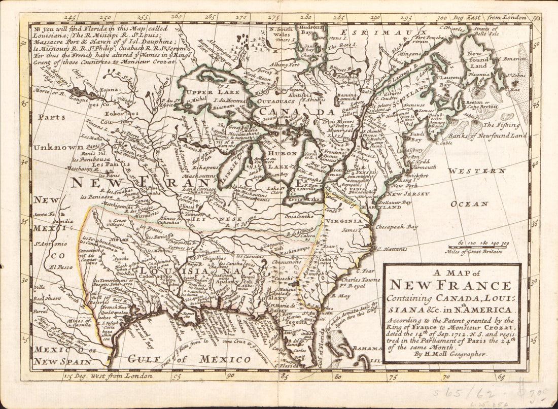 This old map of A Map of New France Containing Canada, Louisiana &c. In Nth. America : According to the Patent Granted by the King of France to Monsieur Crozat, Dated the 14th of Sep. from 1712 N.S. and Registered In the Parliament of Paris the 24th of the Same Month was created by Herman Moll in 1712