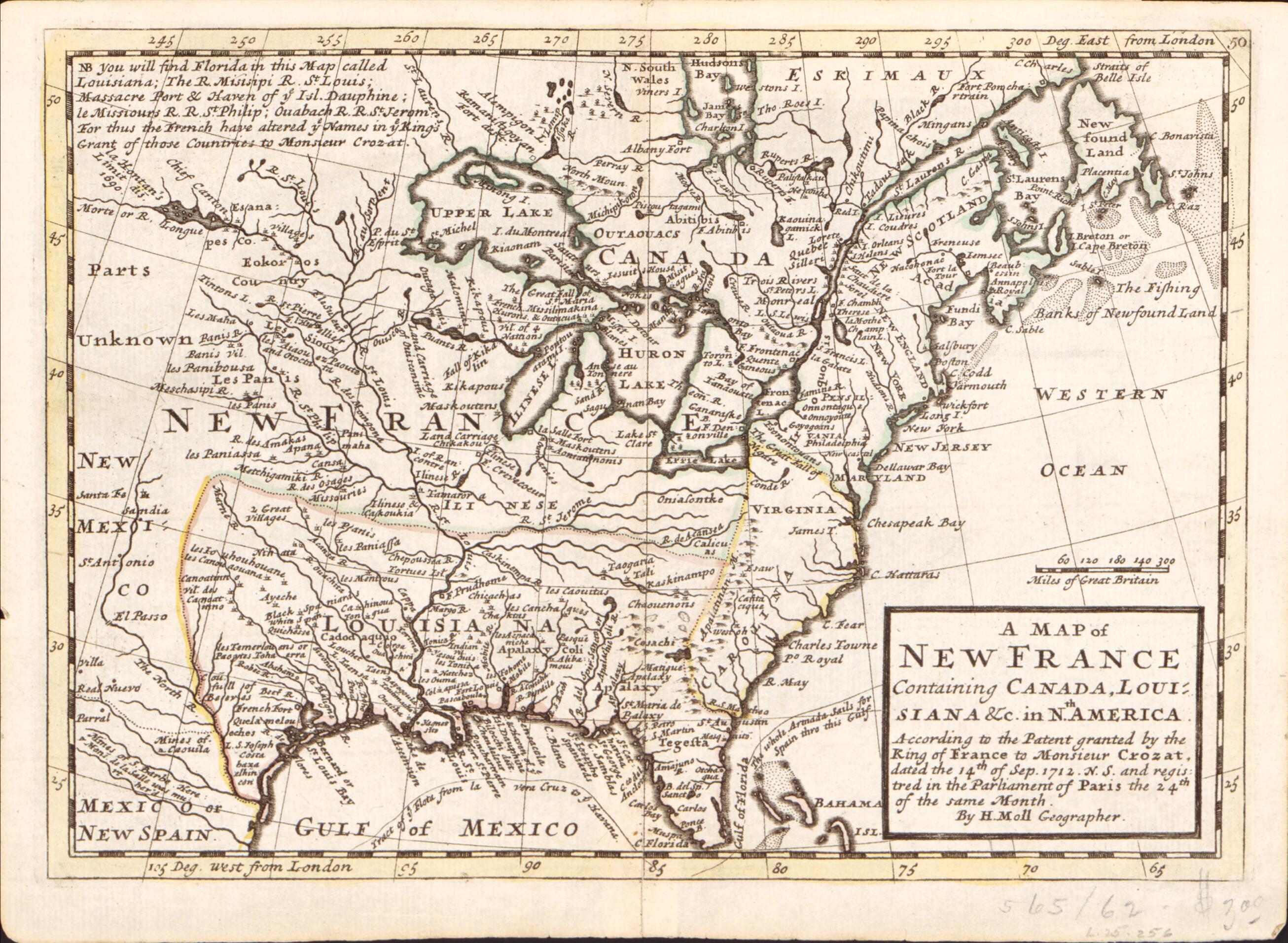 This old map of A Map of New France Containing Canada, Louisiana &c. In Nth. America : According to the Patent Granted by the King of France to Monsieur Crozat, Dated the 14th of Sep. from 1712 N.S. and Registered In the Parliament of Paris the 24th of the Same Month was created by Herman Moll in 1712