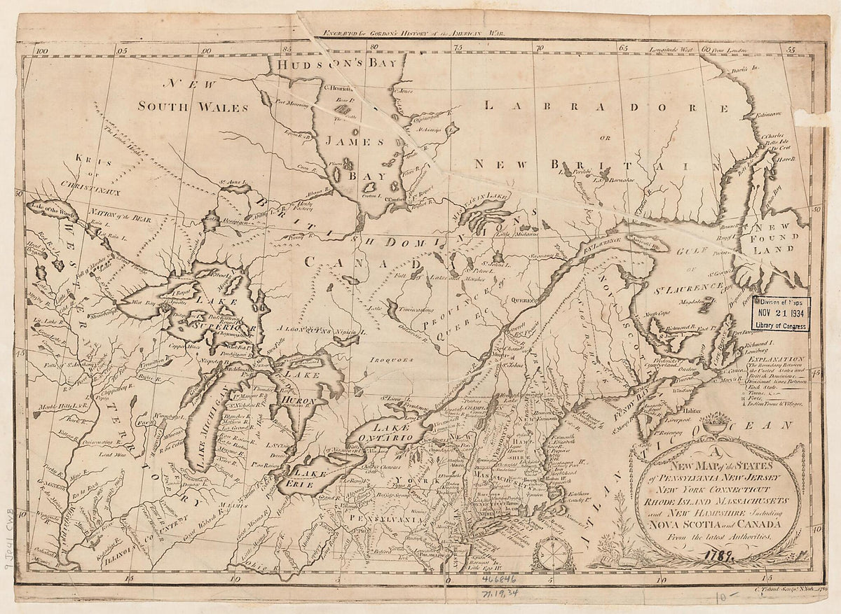 A New Map of the States of Pensylvania, New Jersey, New York, Connecticut, Rhode Island, Massachusetts and New Hampshire, Including Nova Scotia and Canada from the Latest Authorities 1789 by Relic Map Company