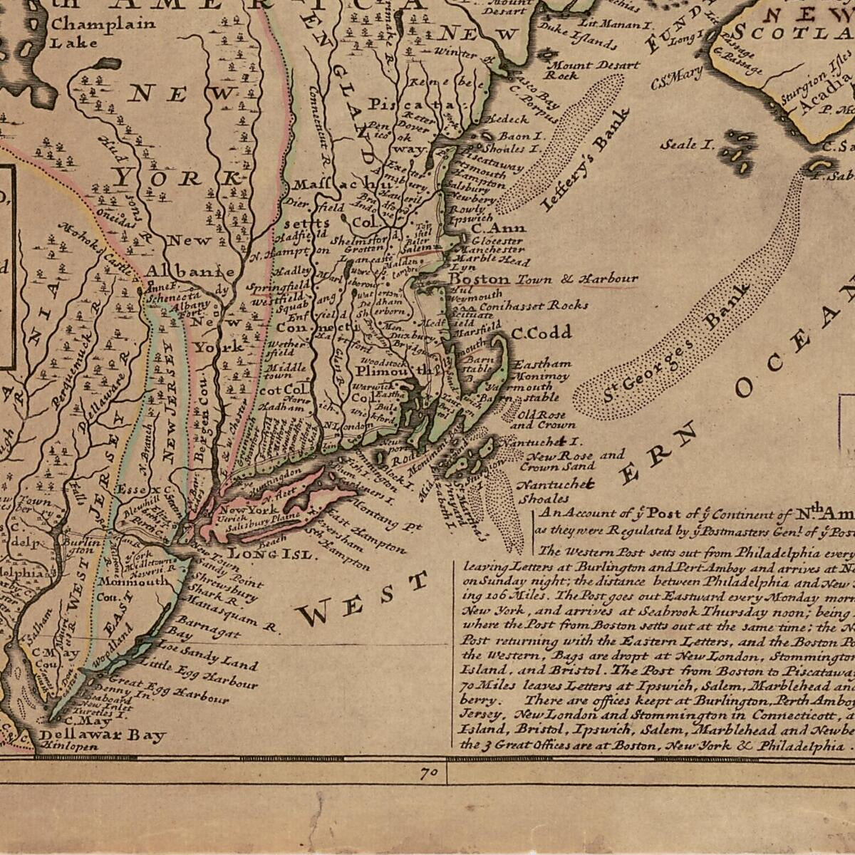 This old map of New England, New York, New Jersey and Pensilvania from 1736 was created by Herman Moll in 1736