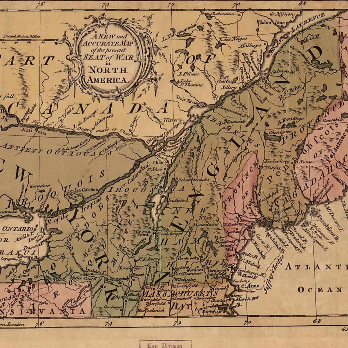 This old map of A New and Accurate Map of the Present Seat of War In North America from 1759 was created by G. Rollos in 1759