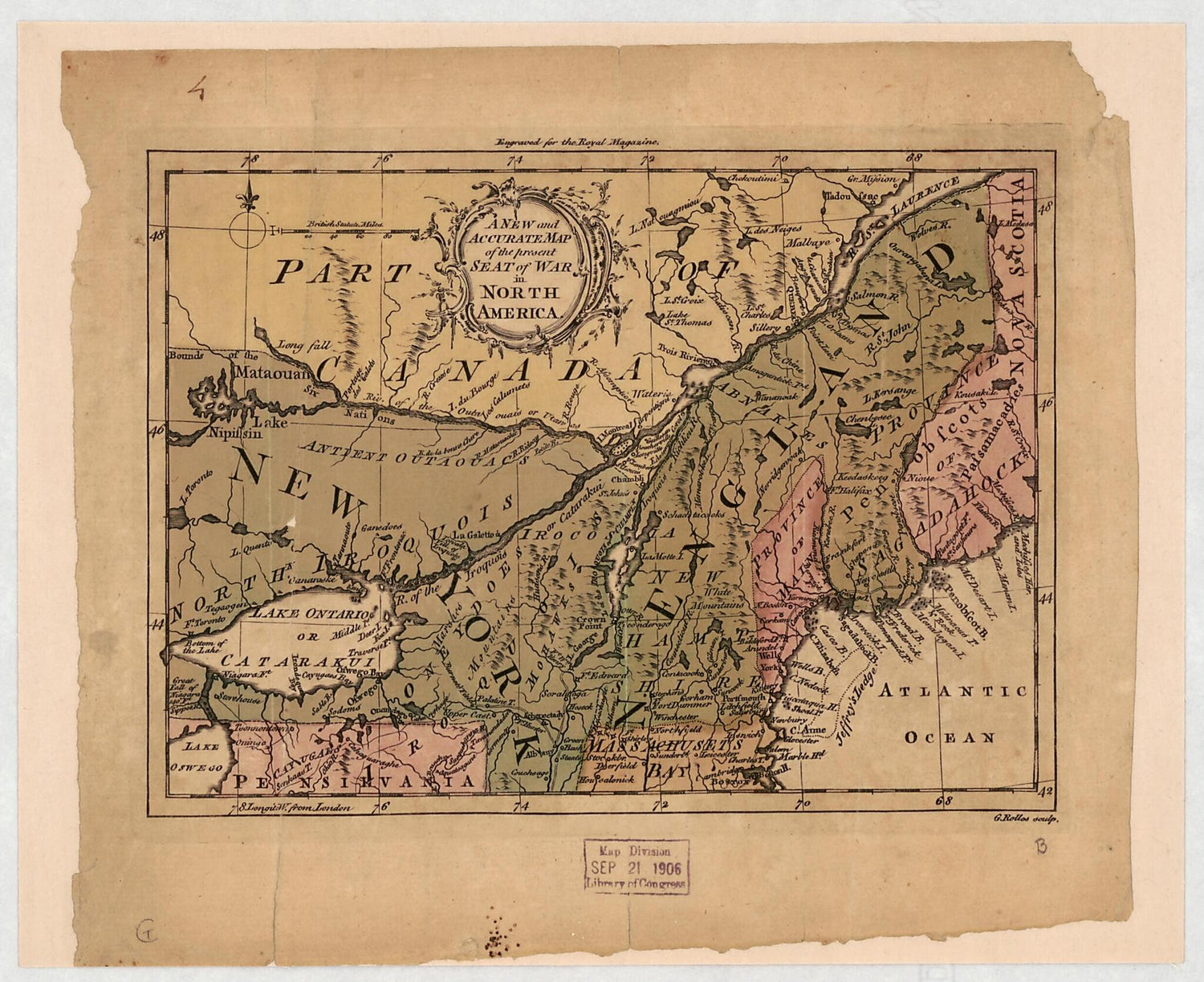 This old map of A New and Accurate Map of the Present Seat of War In North America from 1759 was created by G. Rollos in 1759