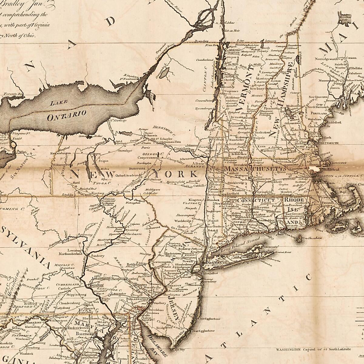This old map of Map of the United States, Exhibiting Post Roads & Distances : the First Sheet Comprehending the Nine Northern States, With Parts of Virginia and the Territory North of Ohio from 1796 was created by Abraham Bradley in 1796