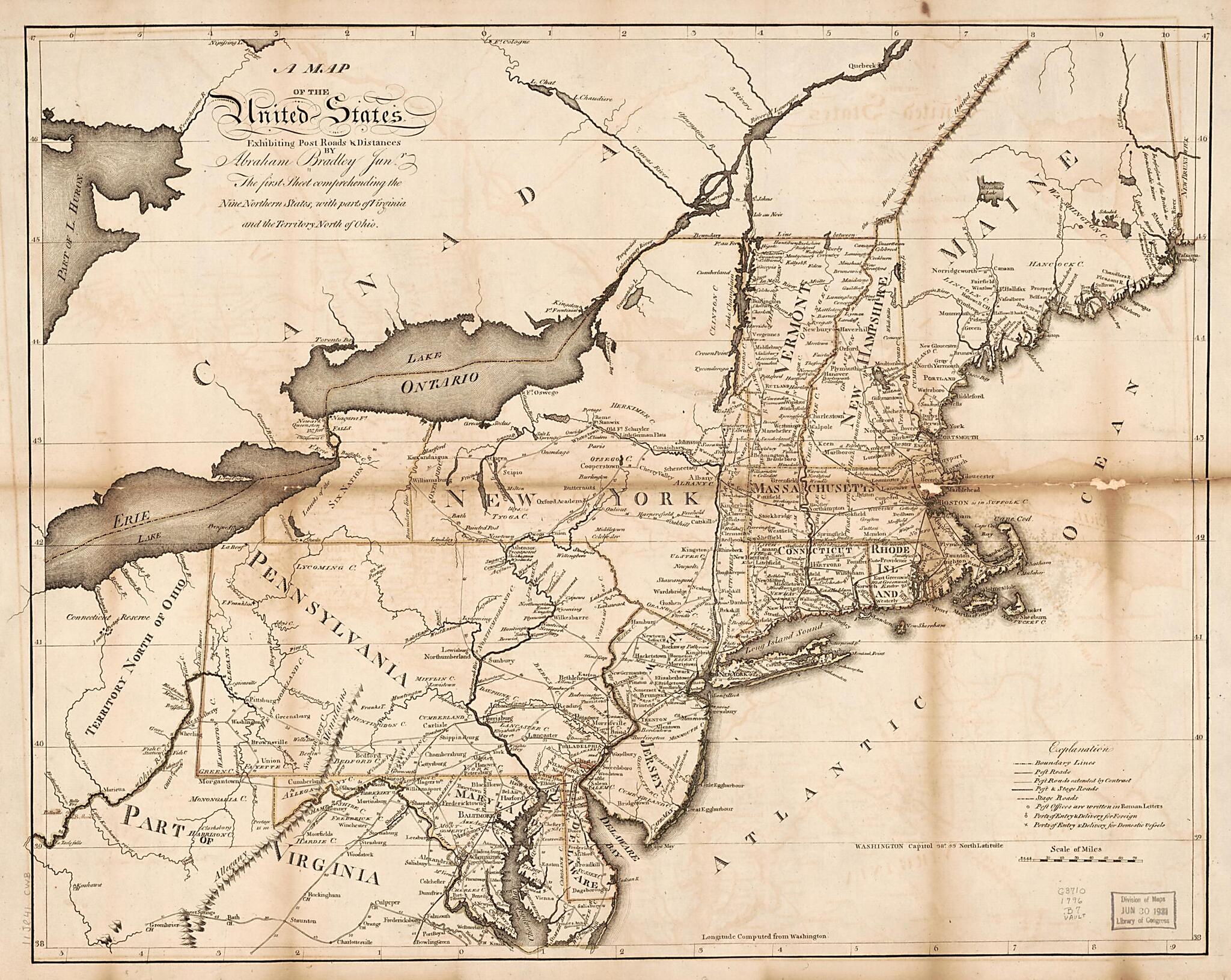 This old map of Map of the United States, Exhibiting Post Roads & Distances : the First Sheet Comprehending the Nine Northern States, With Parts of Virginia and the Territory North of Ohio from 1796 was created by Abraham Bradley in 1796