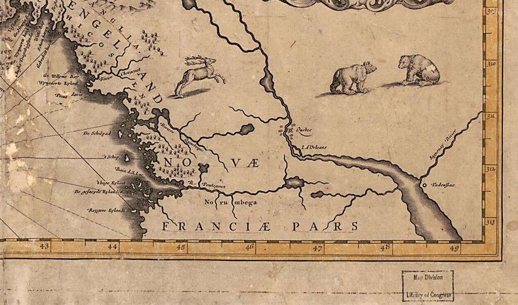 This old map of Nova Belgica Et Anglia Nova from 1630 was created by Willem Janszoon Blaeu in 1630