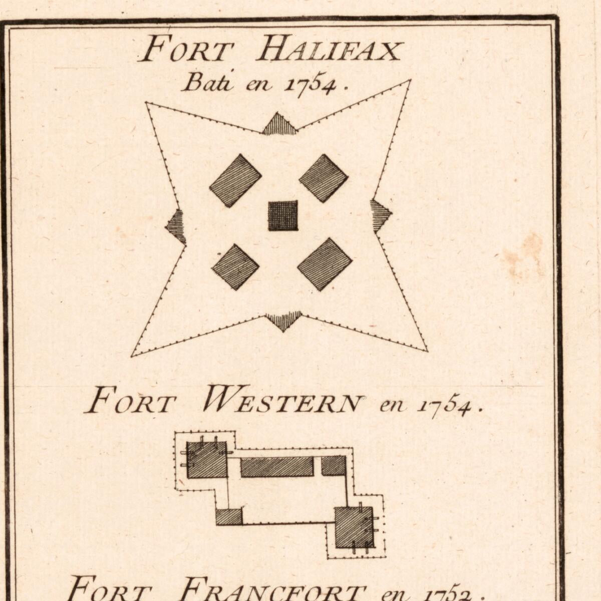 This old map of Plans of Fort Halifax In Nova Scotia and Fort Western and Fort Francfort In Maine from 1755 was created by  Louis in 1755