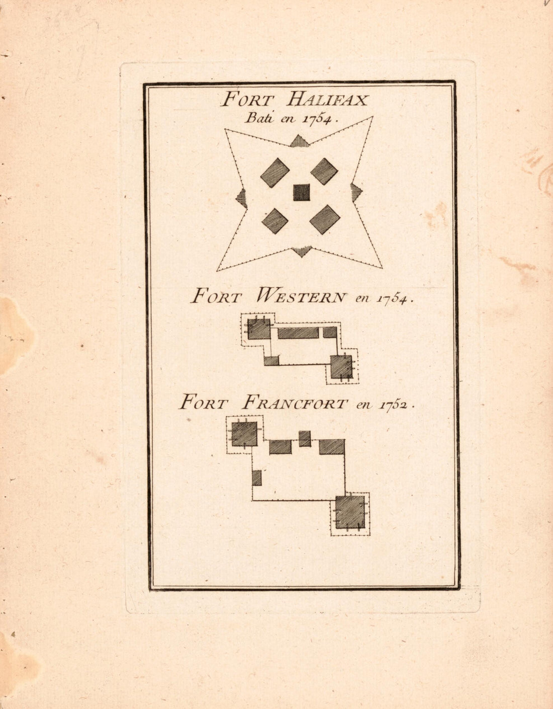 This old map of Plans of Fort Halifax In Nova Scotia and Fort Western and Fort Francfort In Maine from 1755 was created by Louis in 1755