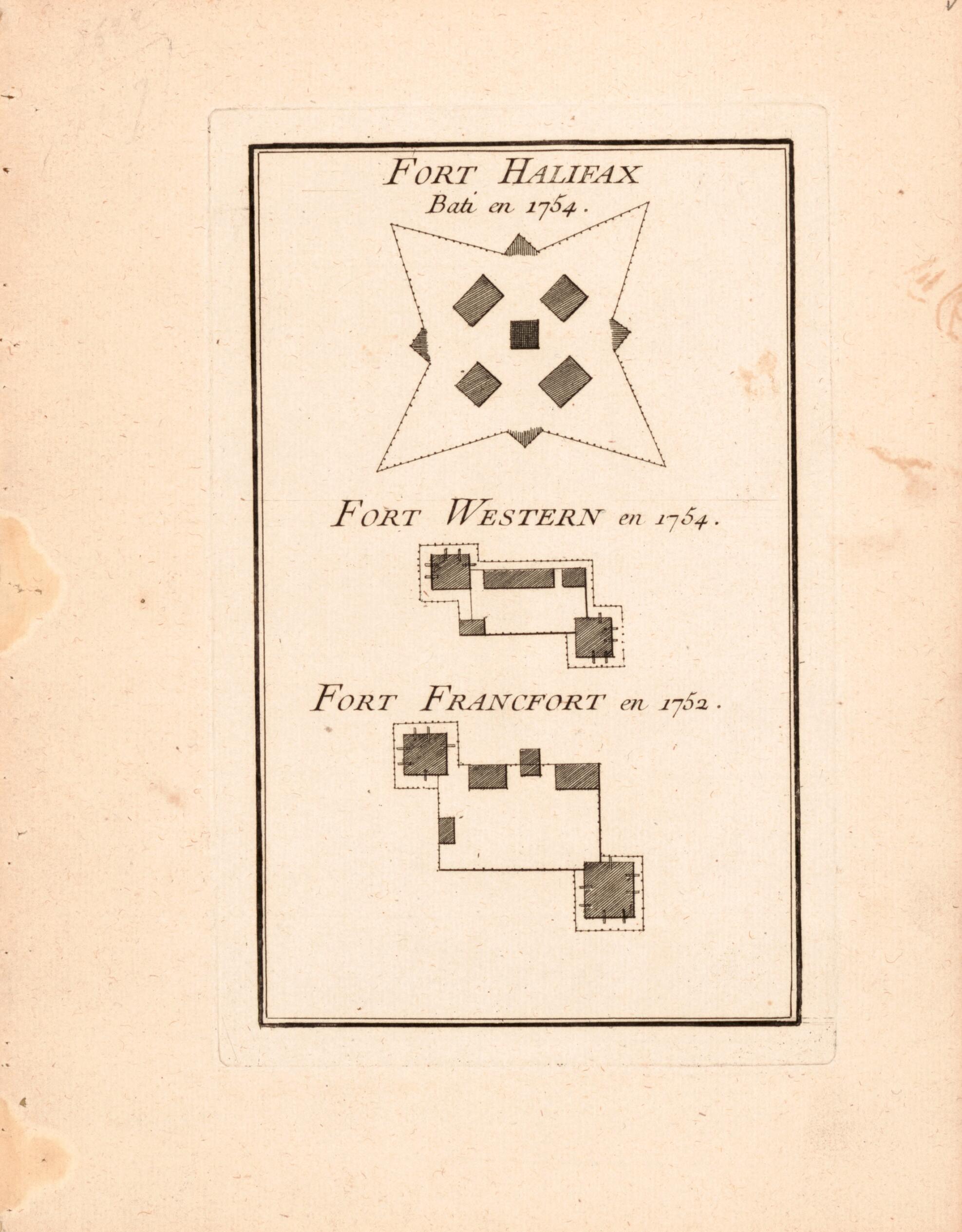 This old map of Plans of Fort Halifax In Nova Scotia and Fort Western and Fort Francfort In Maine from 1755 was created by Louis in 1755