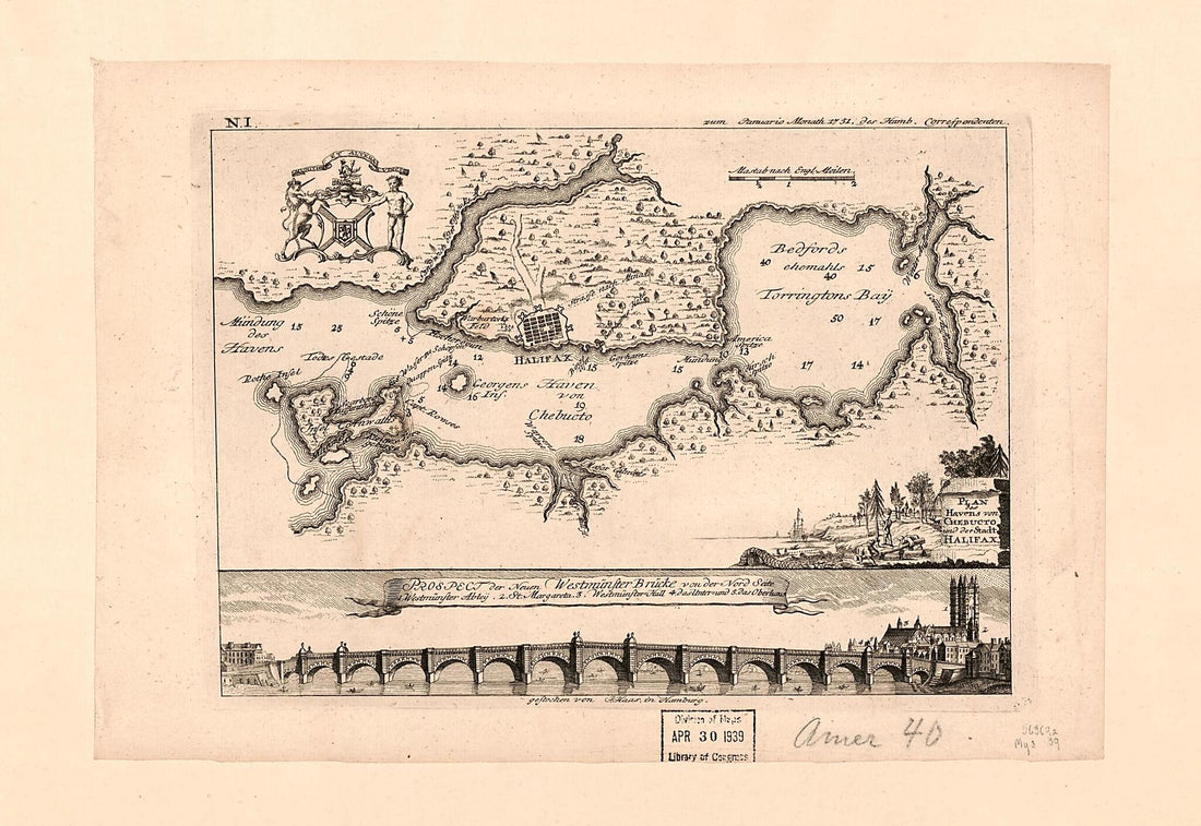 This old map of Plan Des Havens Von Chebucto Und Der Stadt Halifax from 1751 was created by in 1751