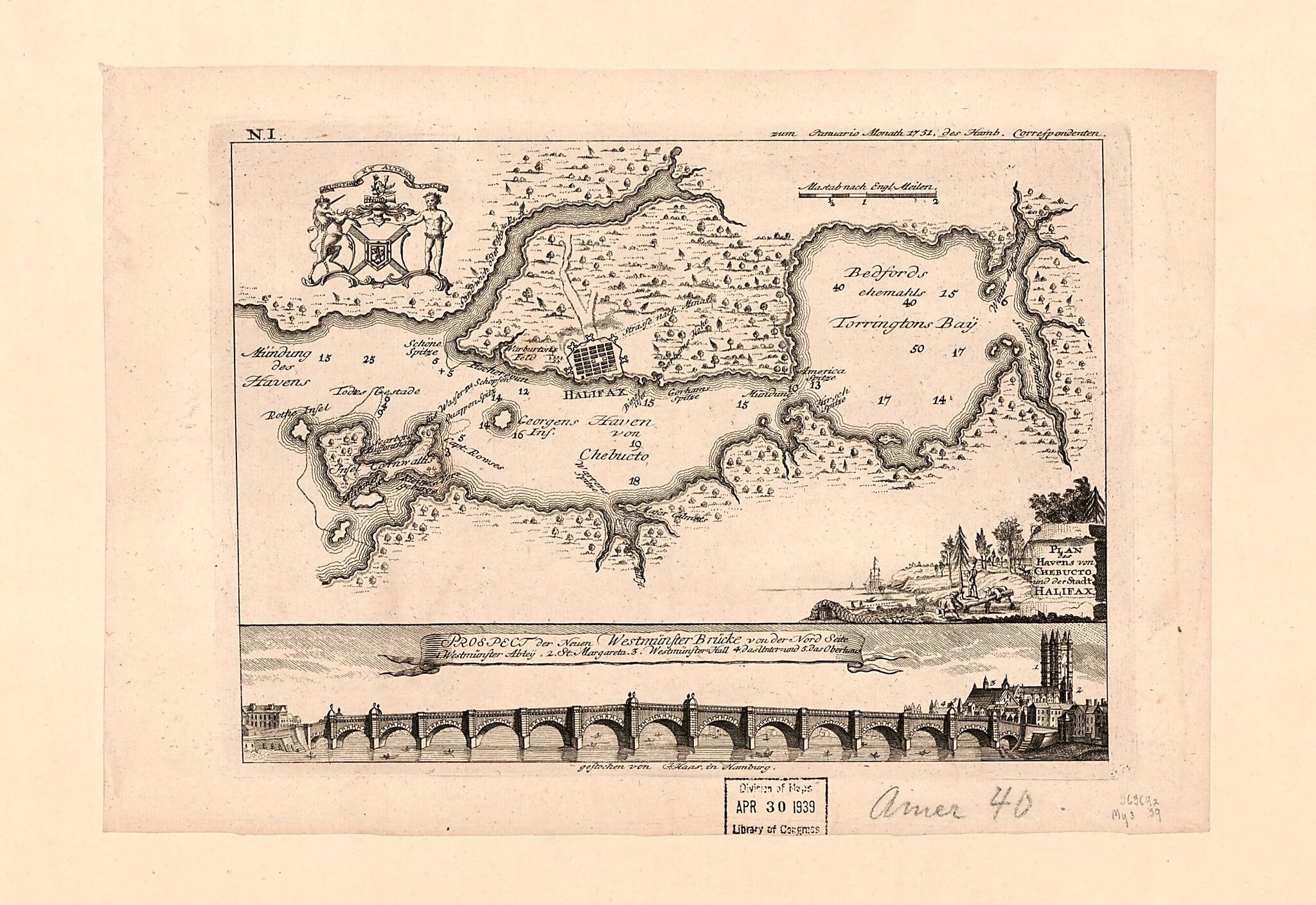 This old map of Plan Des Havens Von Chebucto Und Der Stadt Halifax from 1751 was created by in 1751