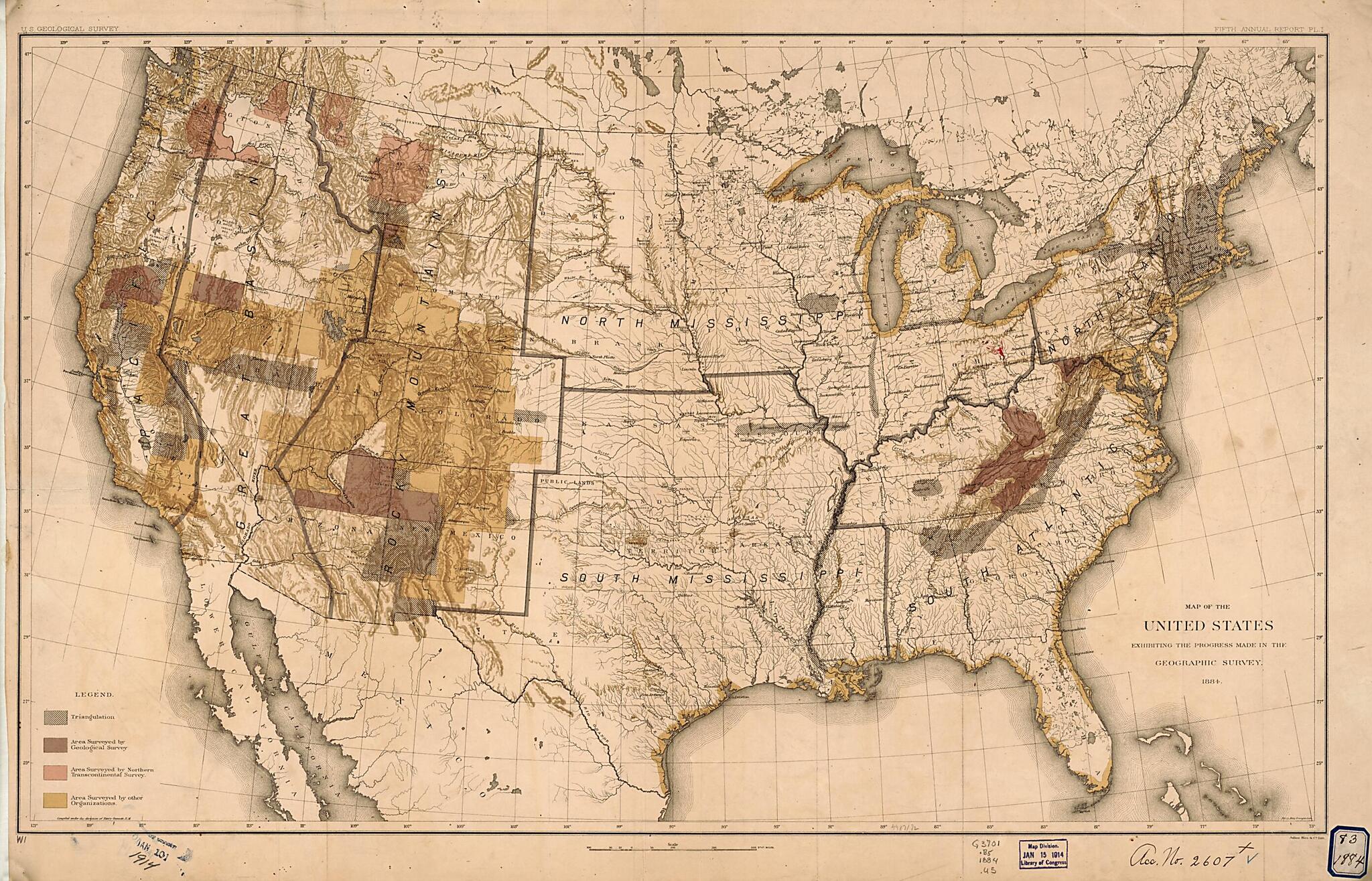 This old map of Map of the United States Showing Progress In Preparation and Engraving of Topographic Maps from 1884 was created by Henry Gannett, Geological Survey (U.S.) in 1884