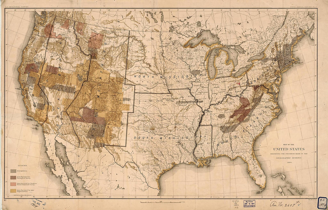 This old map of Map of the United States Showing Progress In Preparation and Engraving of Topographic Maps from 1884 was created by Henry Gannett, Geological Survey (U.S.) in 1884