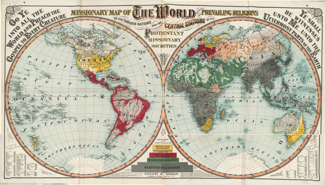 This old map of Missionary Map of the World Showing Prevailing Religions of Its Various Nations and the Central Stations of All Protestant Missionary Societies from 1902 was created by August R. Ohman in 1902