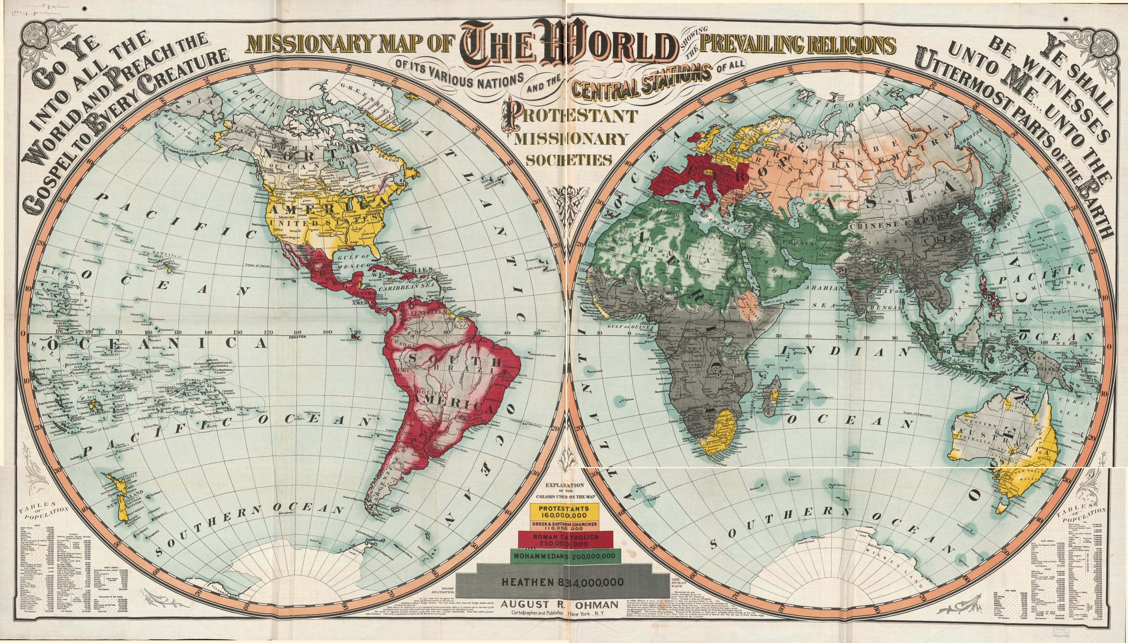 This old map of Missionary Map of the World Showing Prevailing Religions of Its Various Nations and the Central Stations of All Protestant Missionary Societies from 1902 was created by August R. Ohman in 1902