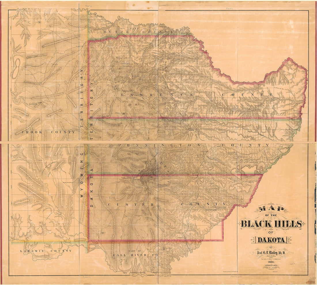 This old map of Map of the Black Hills of Dakota from 1886 was created by Gilbert Ellis Bailey, Crosscup & West in 1886