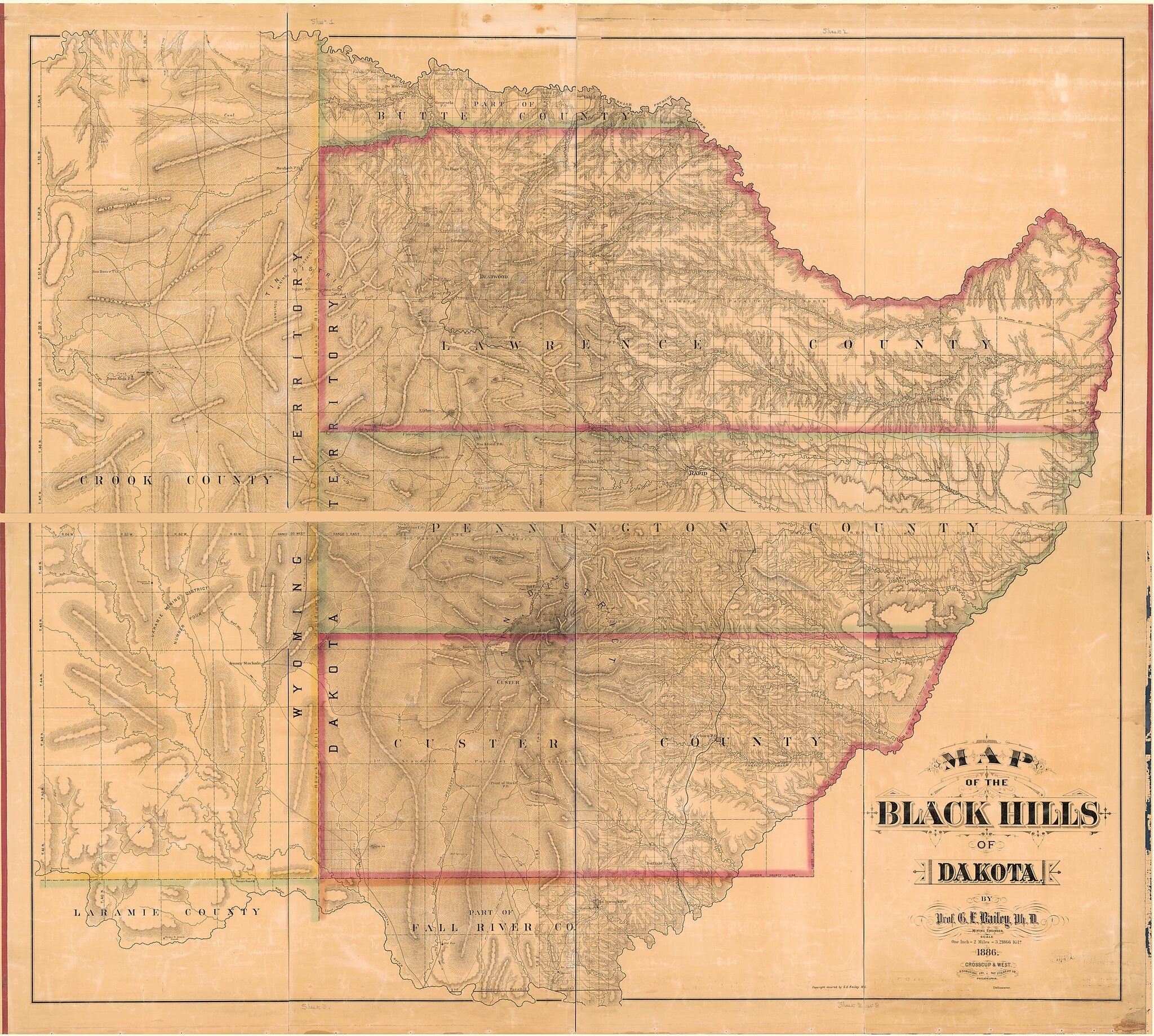 This old map of Map of the Black Hills of Dakota from 1886 was created by Gilbert Ellis Bailey, Crosscup & West in 1886