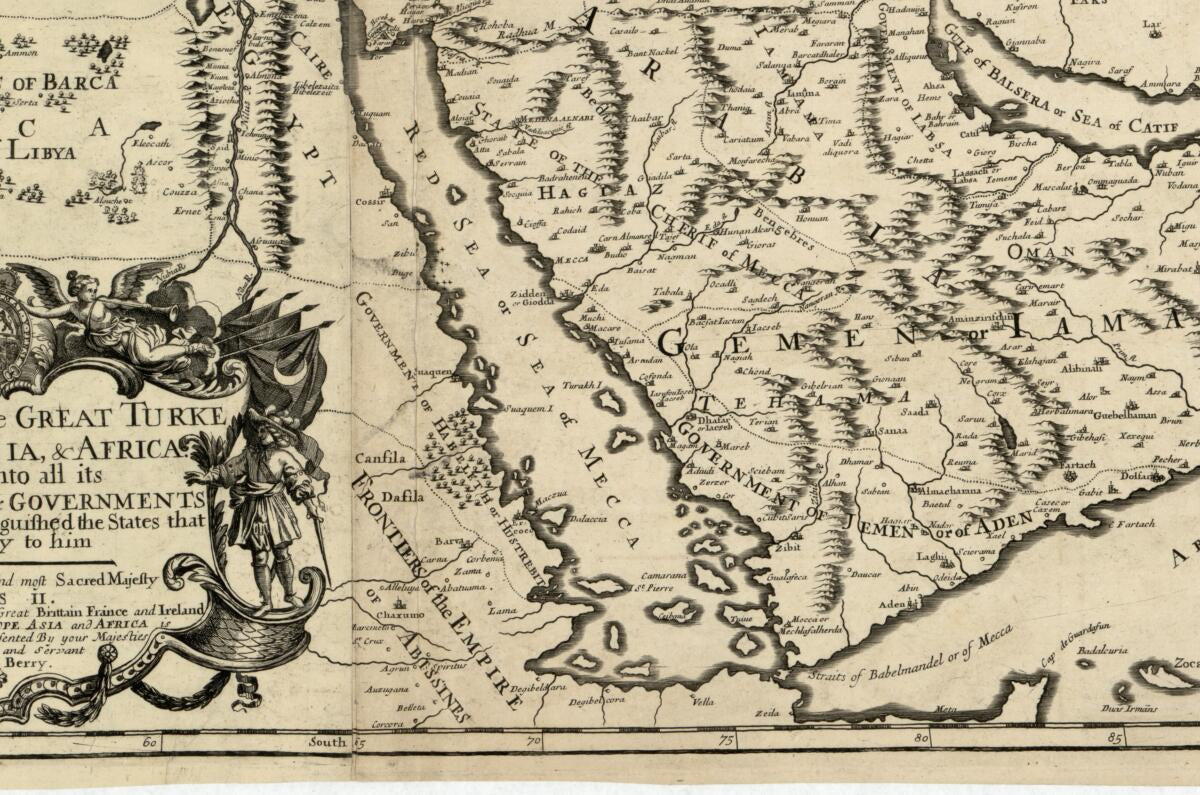 This old map of The Empire of the Great Turke In Europe, Asia, & Africa : Divided Into All Its Beglerbeglicz Or Governments In Which Are Also Distinguished the States That Are Tributary to Him (Dominions Or Empire of the Great Turke In Europe, Asia, and