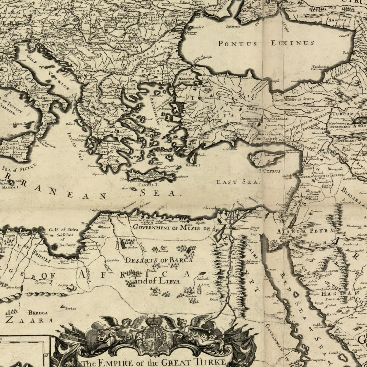 This old map of The Empire of the Great Turke In Europe, Asia, & Africa : Divided Into All Its Beglerbeglicz Or Governments In Which Are Also Distinguished the States That Are Tributary to Him (Dominions Or Empire of the Great Turke In Europe, Asia, and