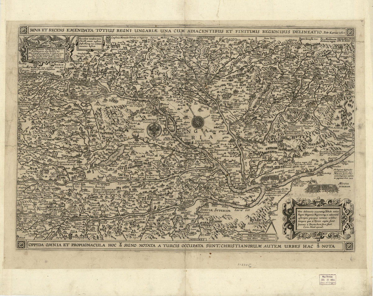 Nova Et Recens Emendata Totius Regni Ungariæ Una Cum Adiacentibus Et Finitimis Regionibus Delineatio 1620 by Relic Map Company