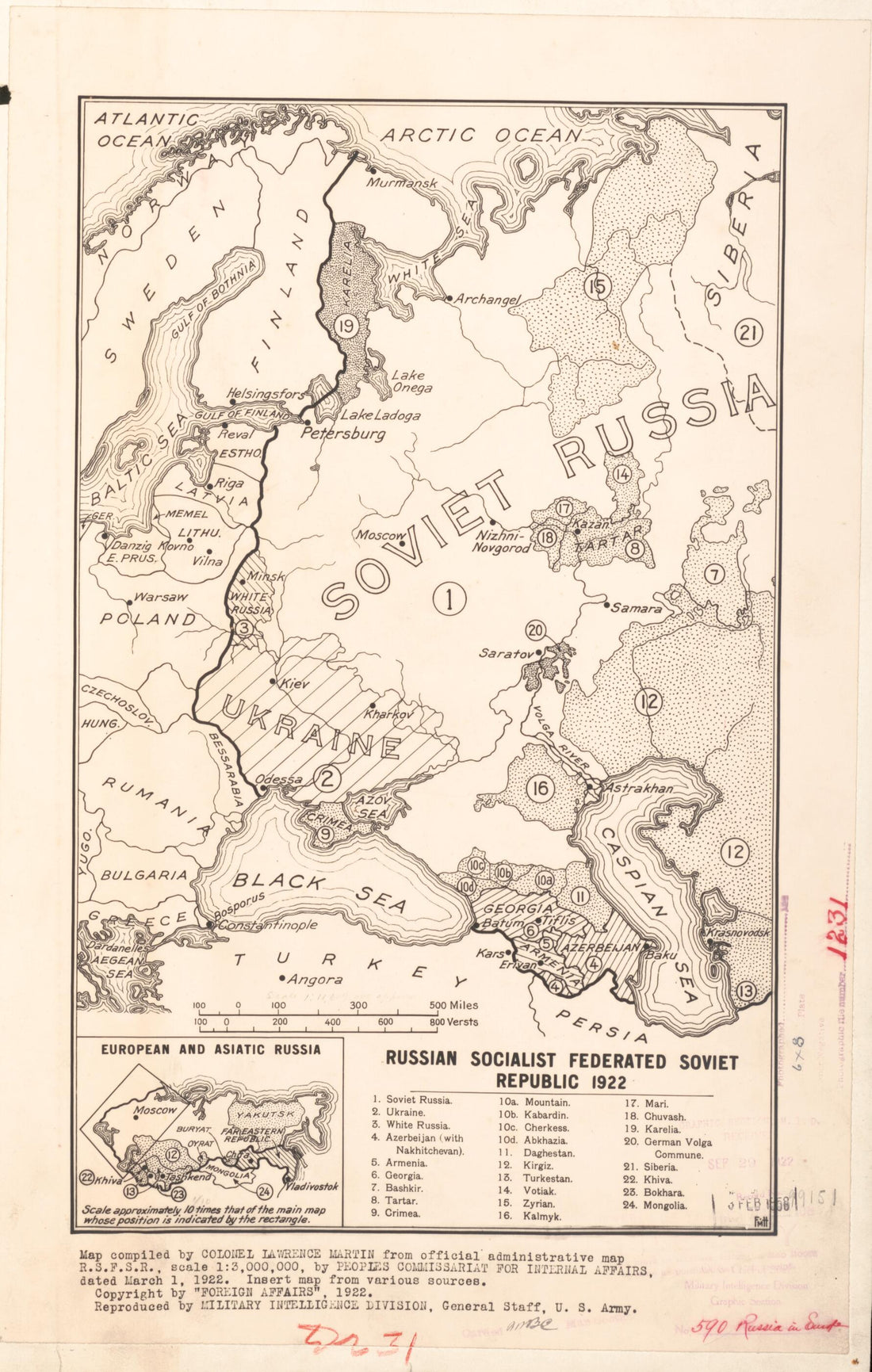This old map of Russian Socialist Federated Soviet Republic from 1922 was created by Lawrence Martin, United States. Department of the Army. General Staff. Military Intelligence Division in 1922
