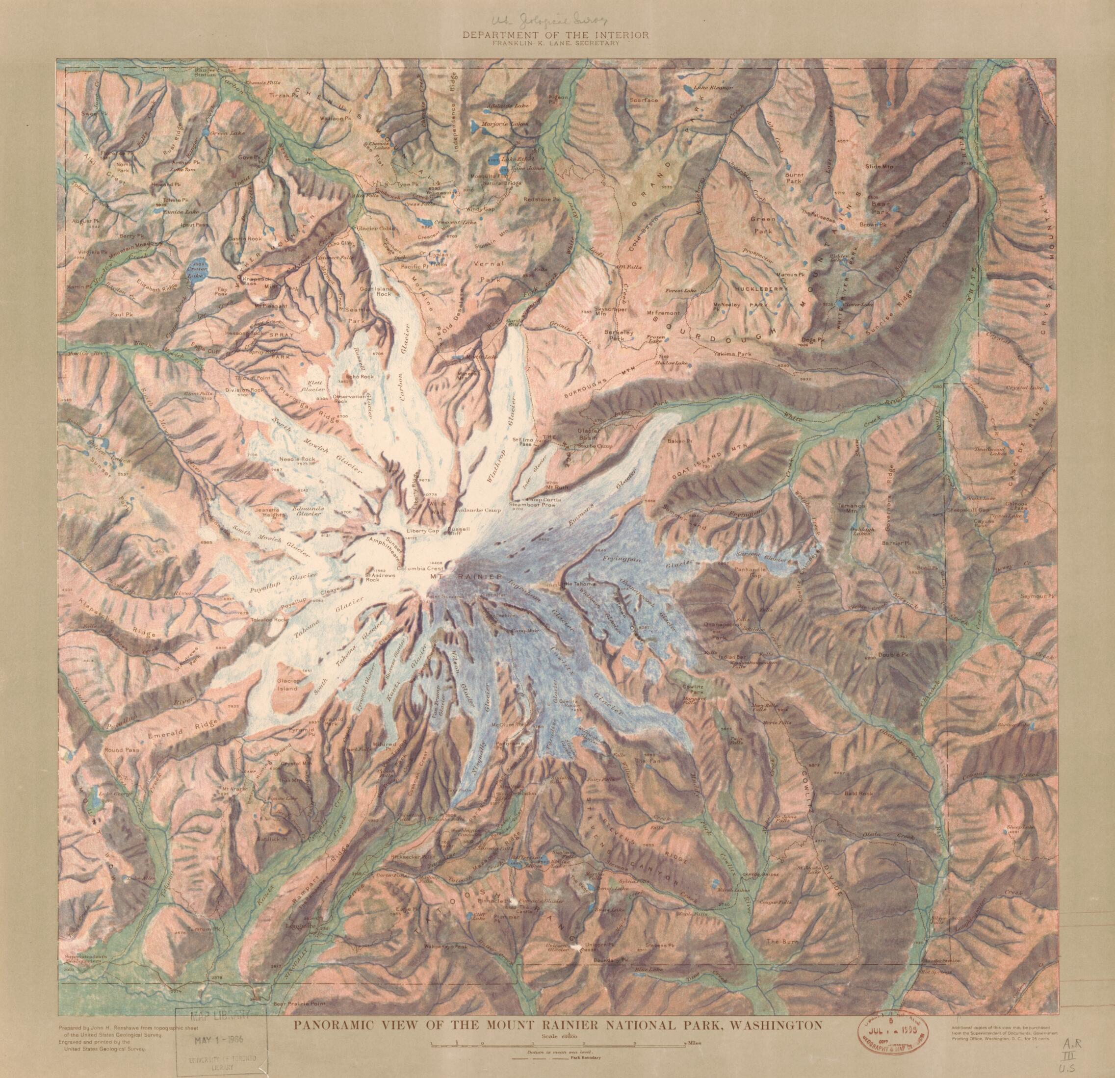 This old map of Panoramic View of the Mount Rainier National Park, Washington from 1914 was created by John H. Renshawe in 1914