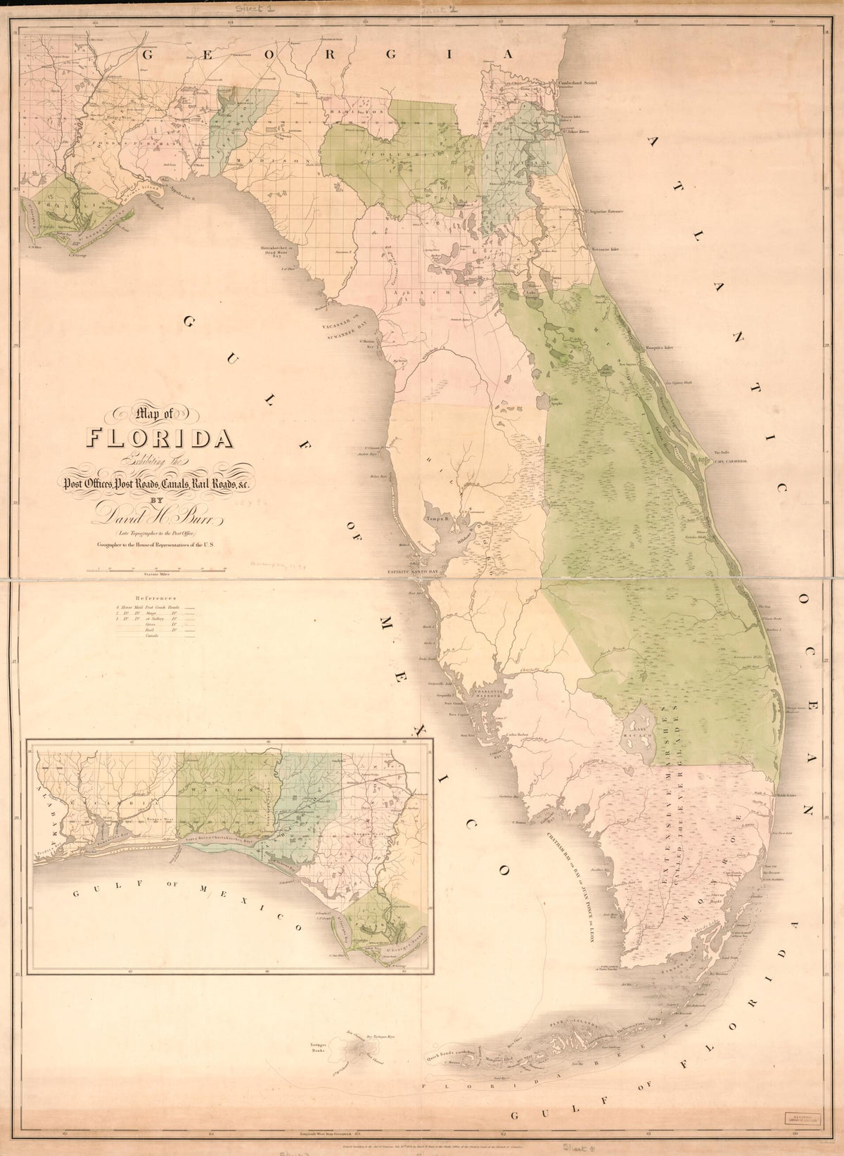 Map of Florida : Exhibiting the Post Offices, Post Roads, Canals, Rail Roads, &c 1839 by Relic Map Company