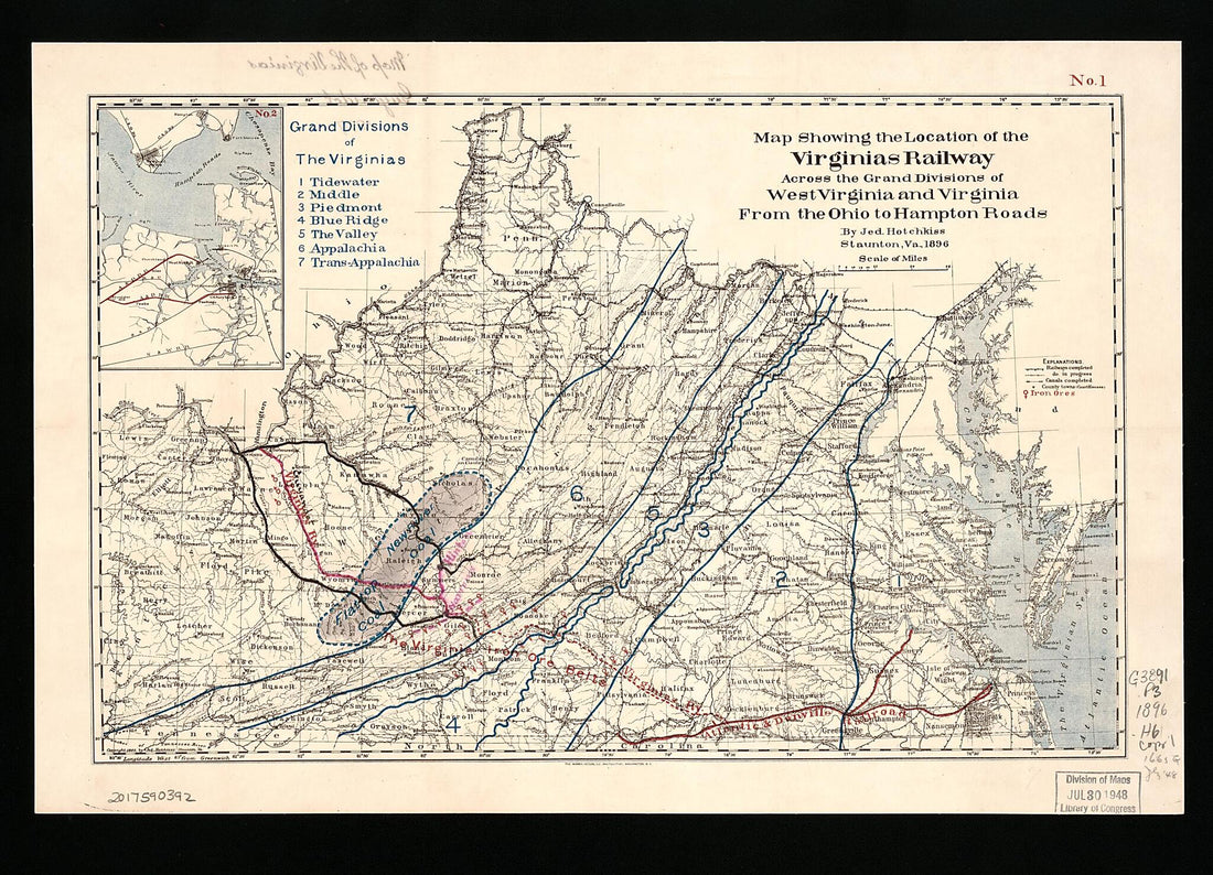 This old map of Map Showing the Location of the Virginias Railway Across the Grand Divisions of West Virginia and Virginia from the Ohio to Hampton Roads (Virginias Railway Across the Grand Divisions of West Virginia and Virginia from the Ohio to Hampton