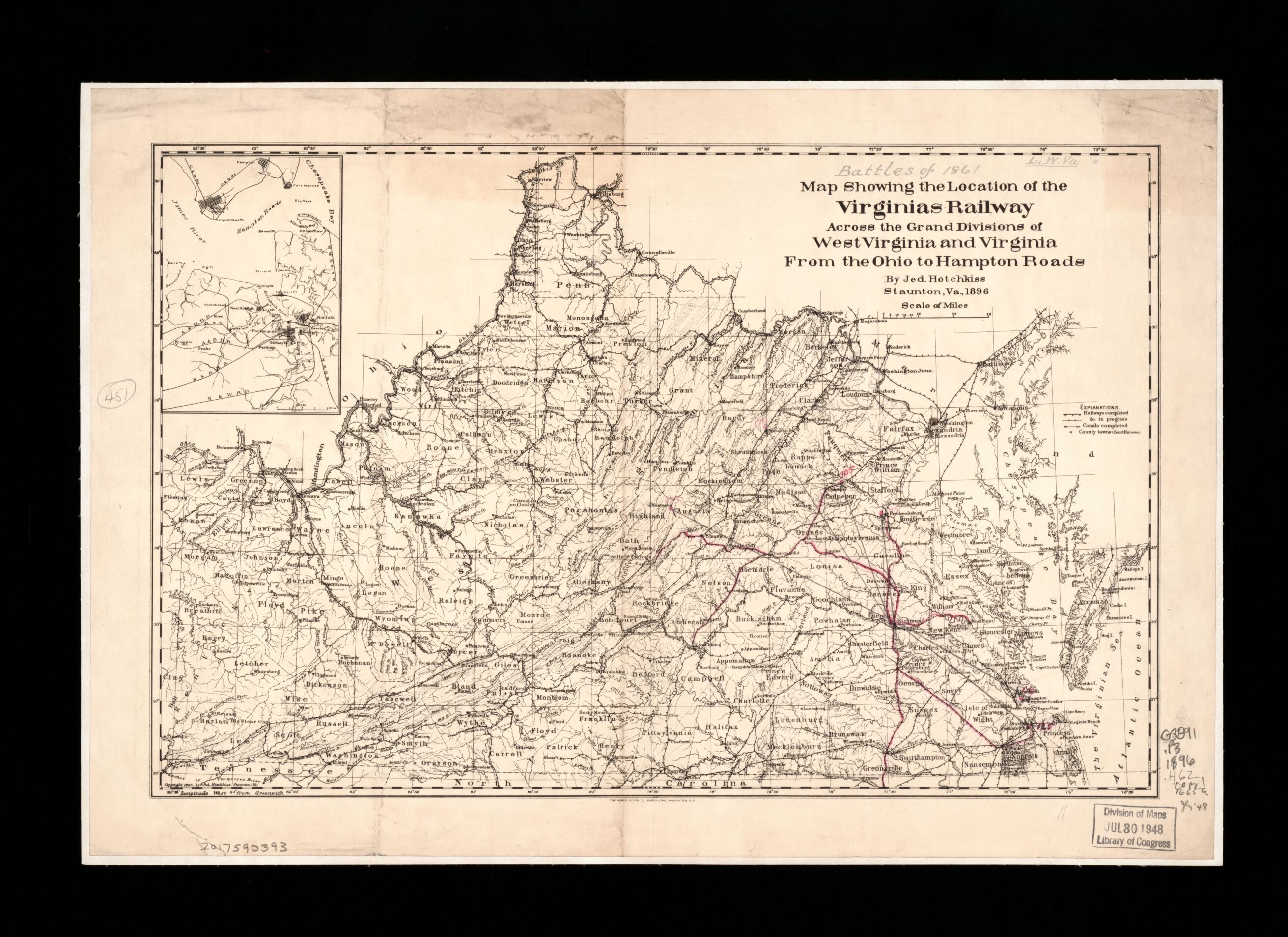 This old map of Map Showing the Location of the Virginias Railway Across the Grand Divisions of West Virginia and Virginia from the Ohio to Hampton Roads (Virginias Railway Across the Grand Divisions of West Virginia and Virginia from the Ohio to Hampton Roads) from 1896 was created by Jedediah Hotchkiss, Norris Peters Co in 1896