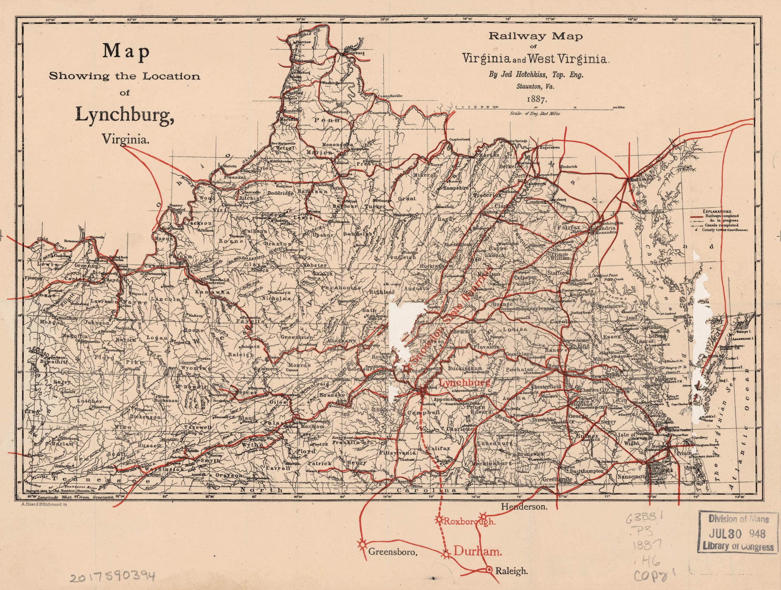 This old map of Railway Map of Virginia and West Virginia (Map Showing the Location of Lynchburg, Virginia) from 1887 was created by A. Hoen & Co, Jedediah Hotchkiss in 1887