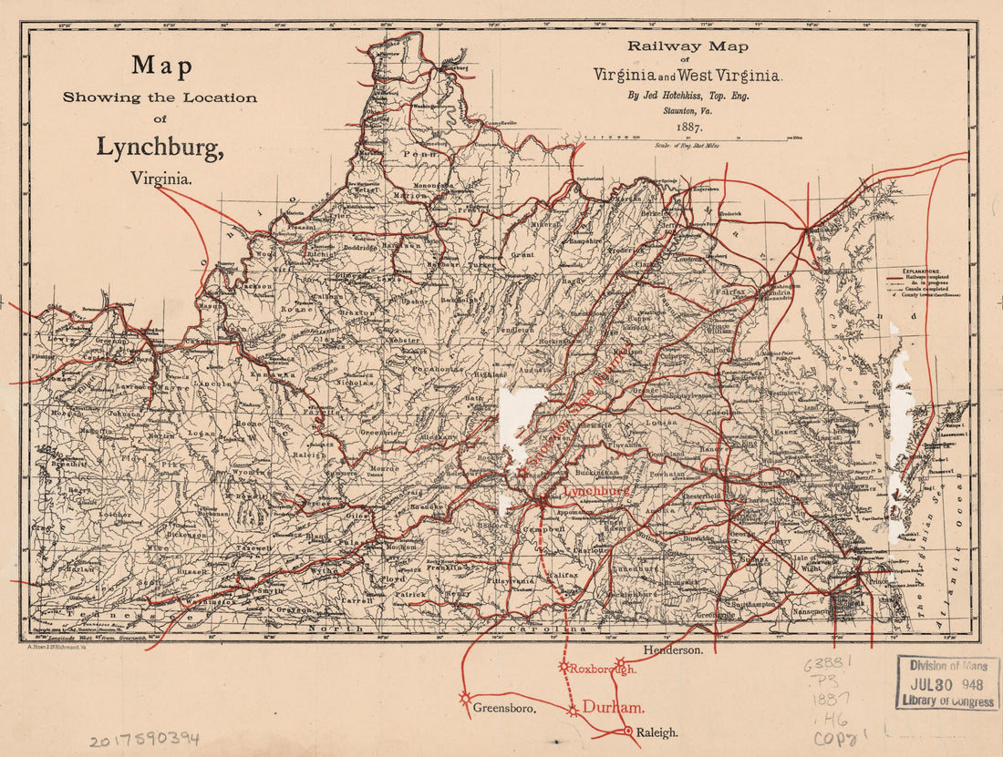 This old map of Railway Map of Virginia and West Virginia (Map Showing the Location of Lynchburg, Virginia) from 1887 was created by A. Hoen & Co, Jedediah Hotchkiss in 1887