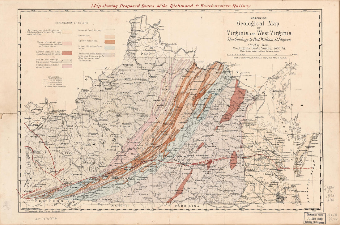 This old map of Map Showing Proposed Routes of the Richmond and Southwest Railway from 1875 was created by Jedediah Hotchkiss in 1875