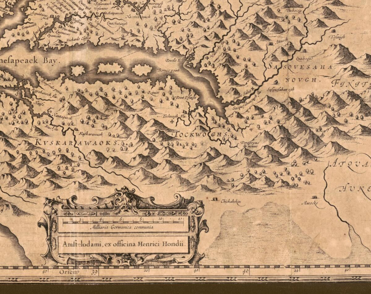 This old map of Nova Virginiae Tabvla (Nova Virginiae Tabula) from 1642 was created by Hendrik Hondius in 1642