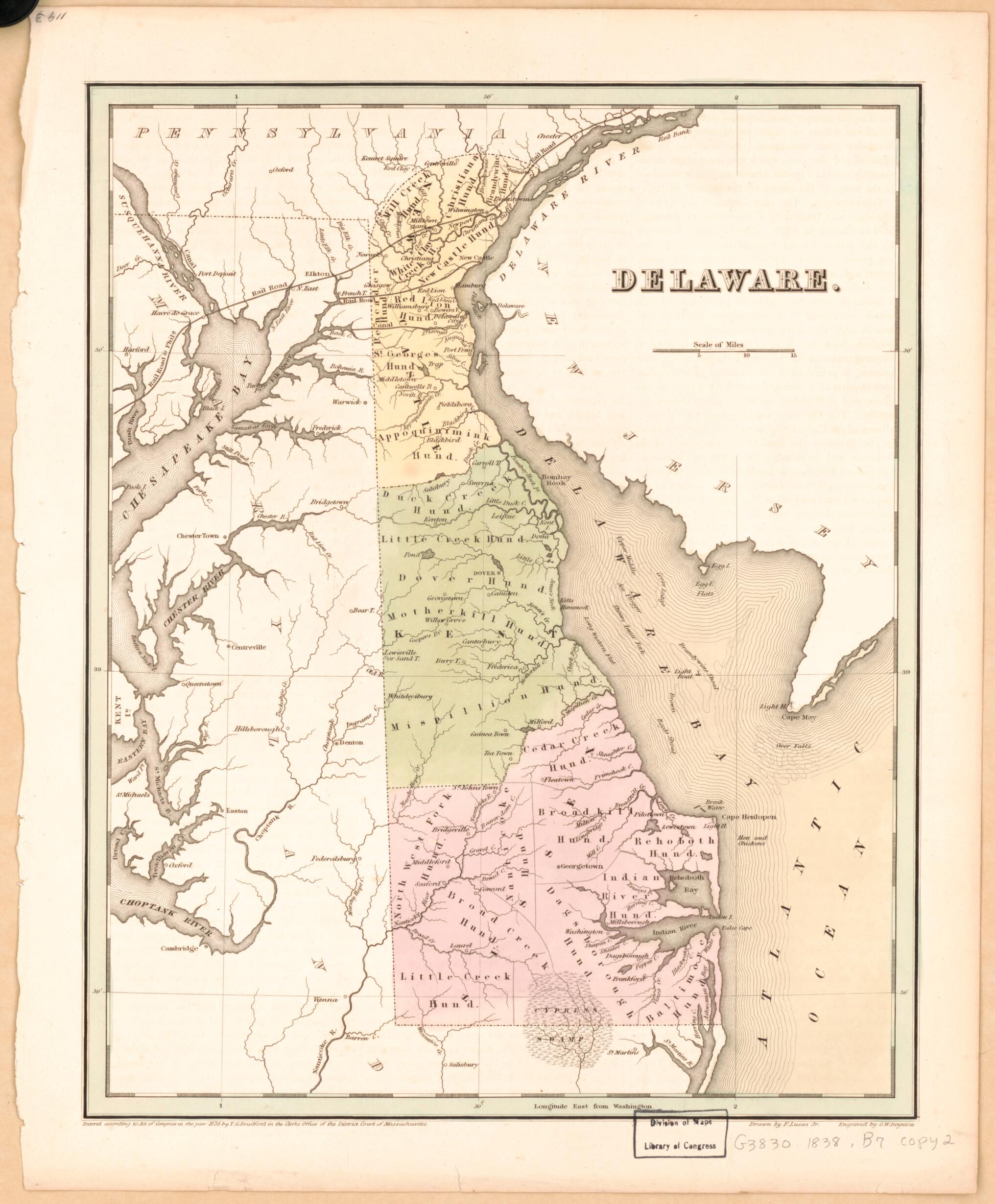 This old map of Delaware from 1838 was created by George W. Boynton, T. G. (Thomas Gamaliel) Bradford, E.S. Grant & Co, Fielding Lucas in 1838