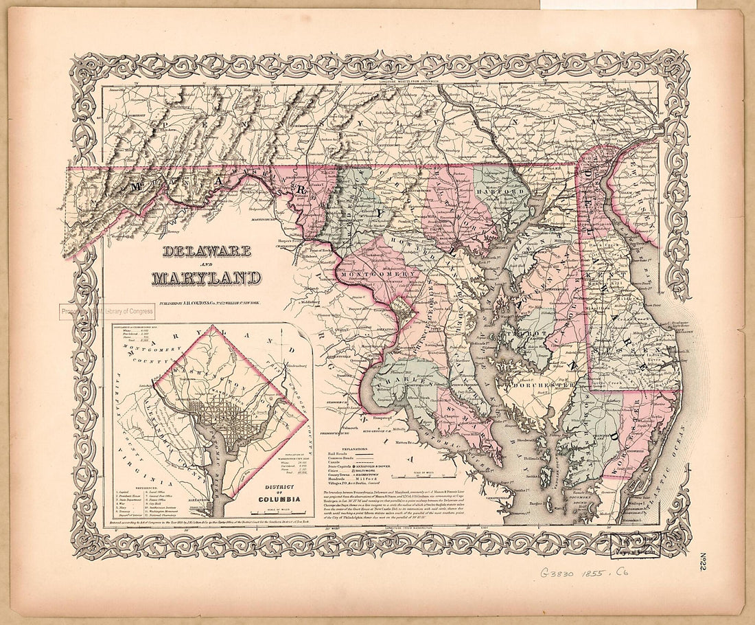 This old map of Delaware and Maryland from 1855 was created by J.H. Colton & Co in 1855