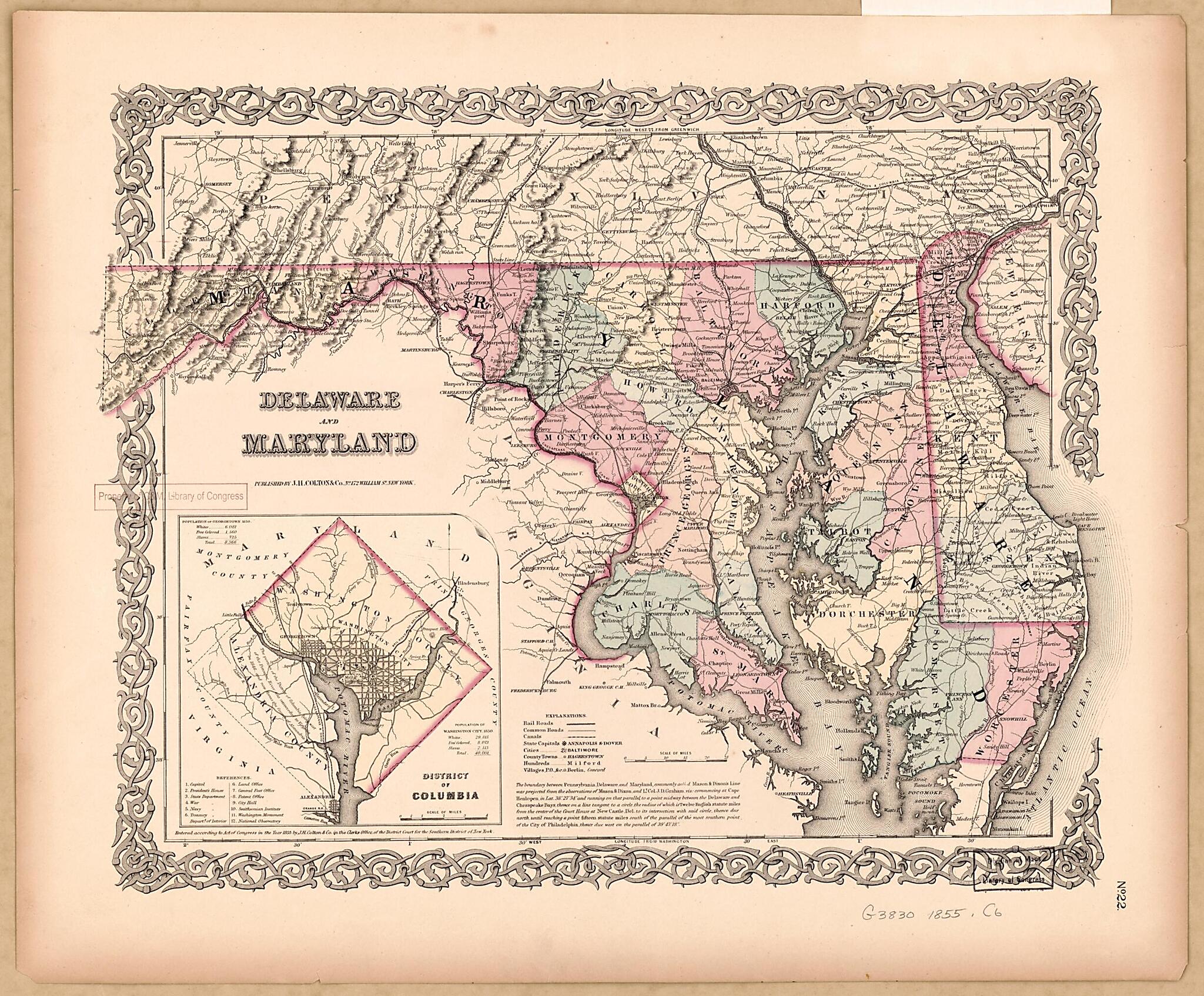 This old map of Delaware and Maryland from 1855 was created by J.H. Colton & Co in 1855