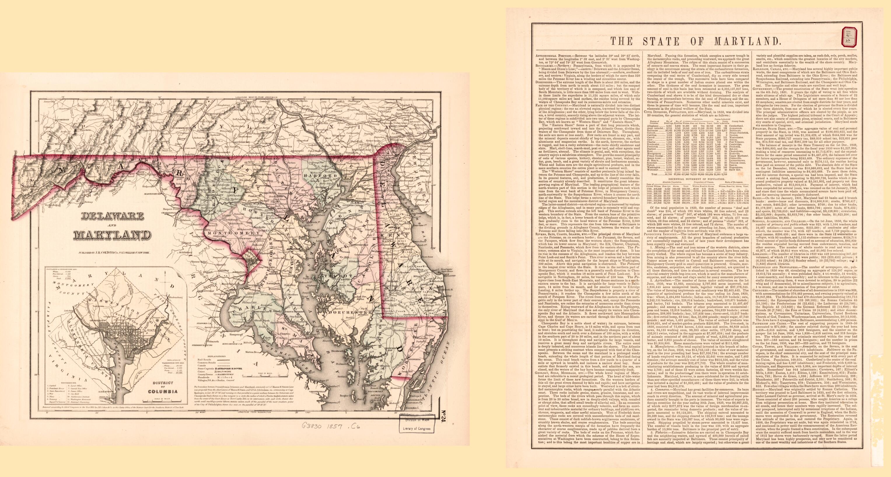 This old map of Delaware and Maryland from 1857 was created by J.H. Colton & Co in 1857