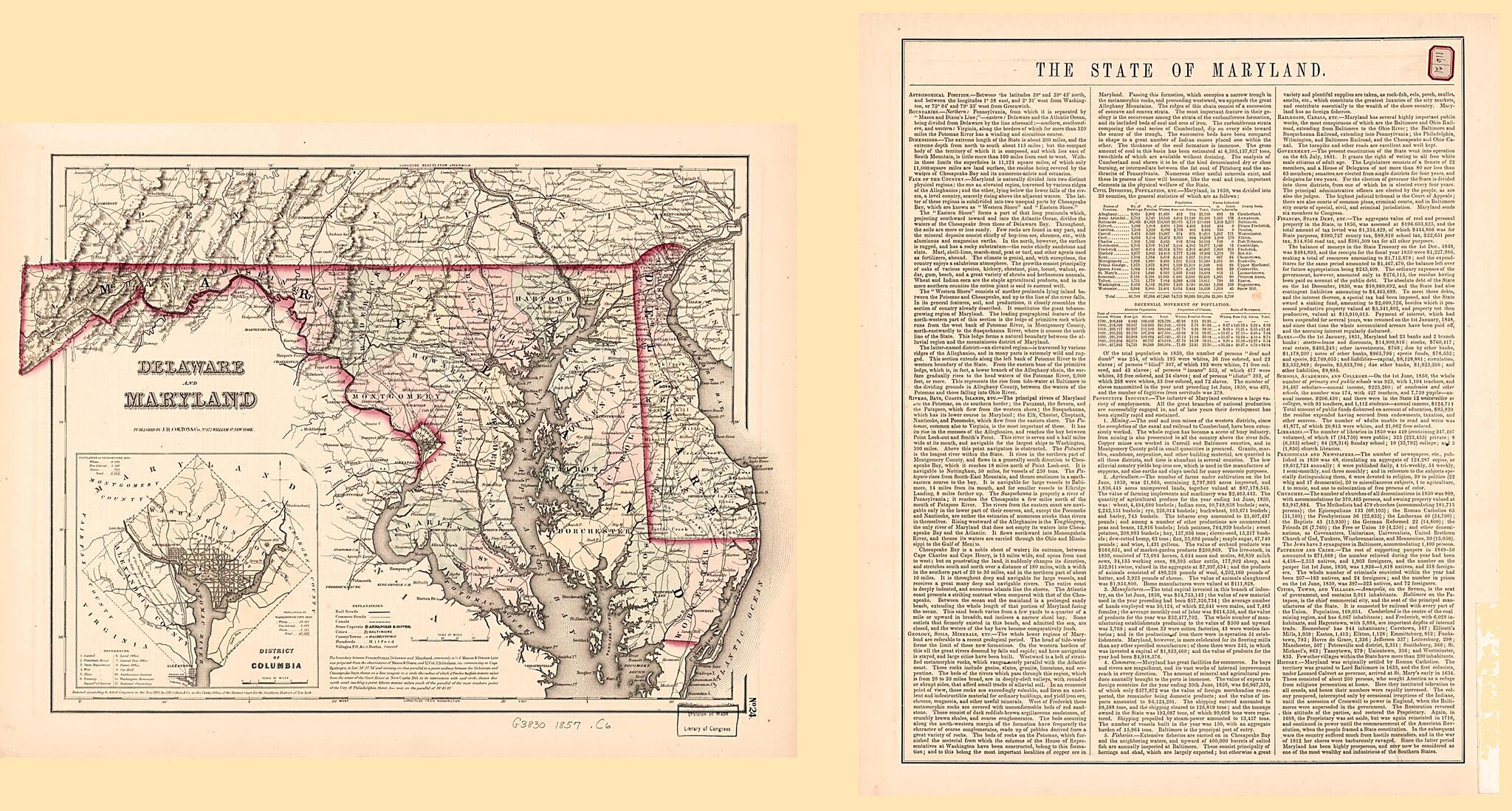 This old map of Delaware and Maryland from 1857 was created by J.H. Colton & Co in 1857