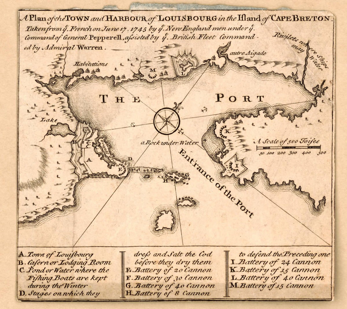 A Plan of the Town and Harbour of Louisbourg In the Island of Cape Breton : Taken from Ye French On June 17 1745 by Ye New England Men Under Ye Command of General Pepperell, Assisted by Ye British Fleet Commanded by Admiral Warren 1752 by Relic Map Company