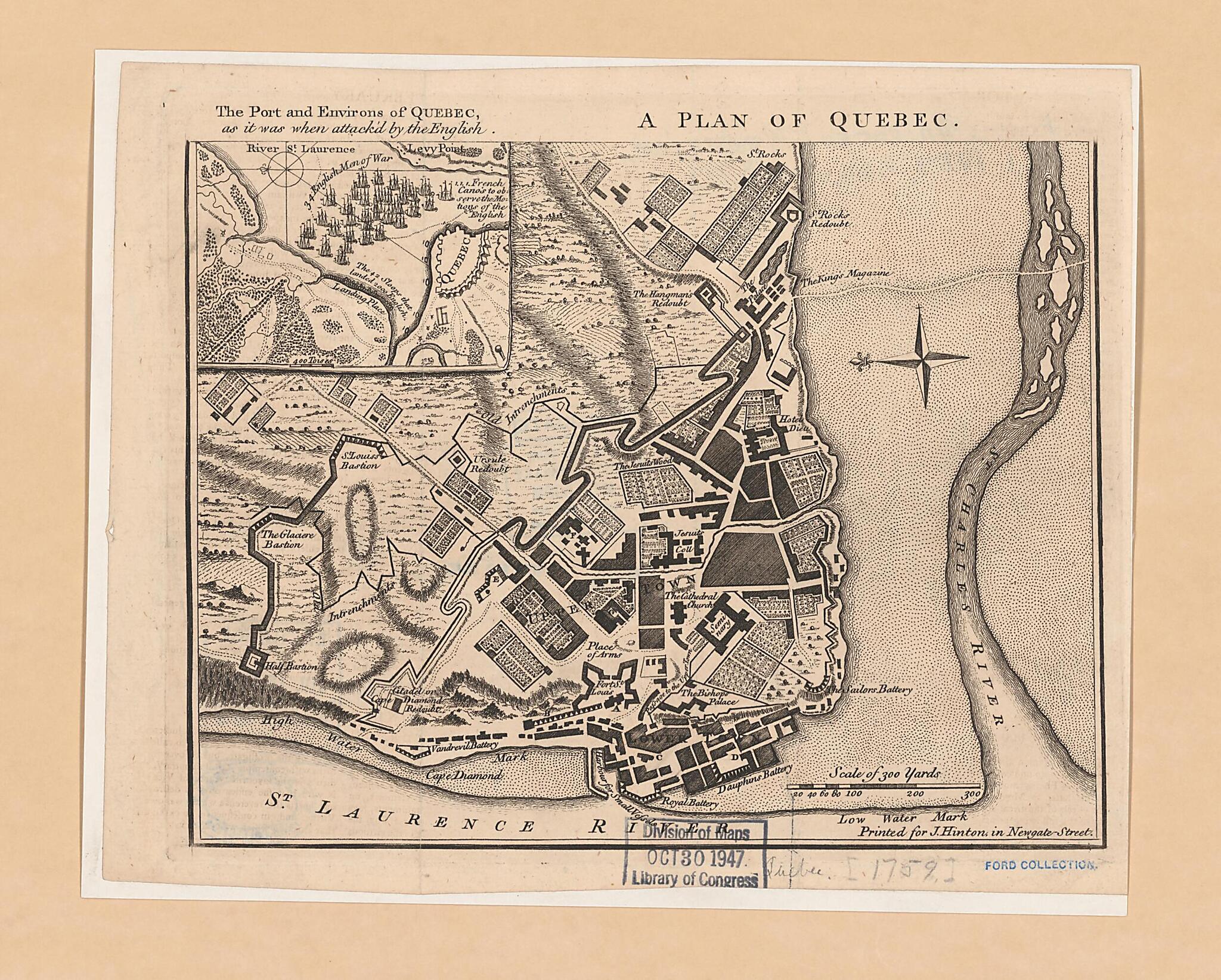 This old map of A Plan of Quebec from 1759 was created by John Hinton in 1759