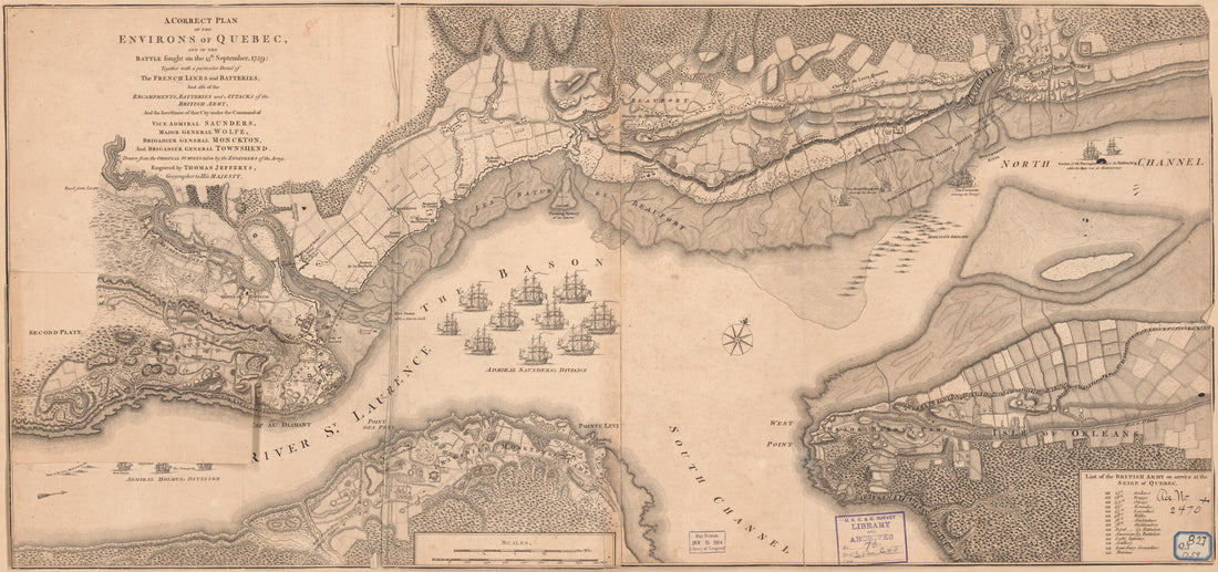 This old map of A Correct Plan of the Environs of Quebec, and of the Battle Fought On the 13th September, 1759 : Together With a Particular Detail of the French Lines and Batteries, and Also of the Encampments, Batteries and Attacks of the British Army,
