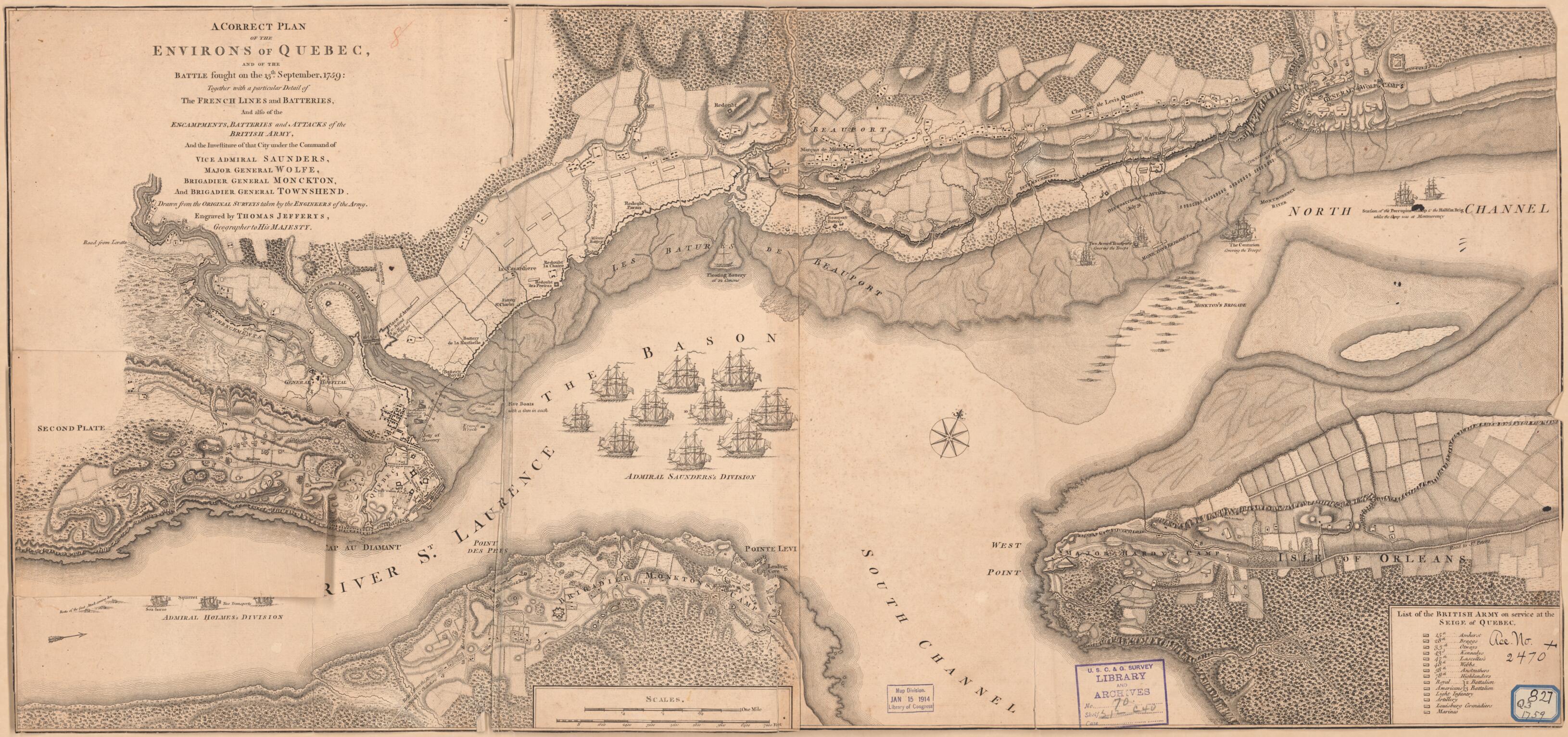 This old map of A Correct Plan of the Environs of Quebec, and of the Battle Fought On the 13th September, 1759 : Together With a Particular Detail of the French Lines and Batteries, and Also of the Encampments, Batteries and Attacks of the British Army,