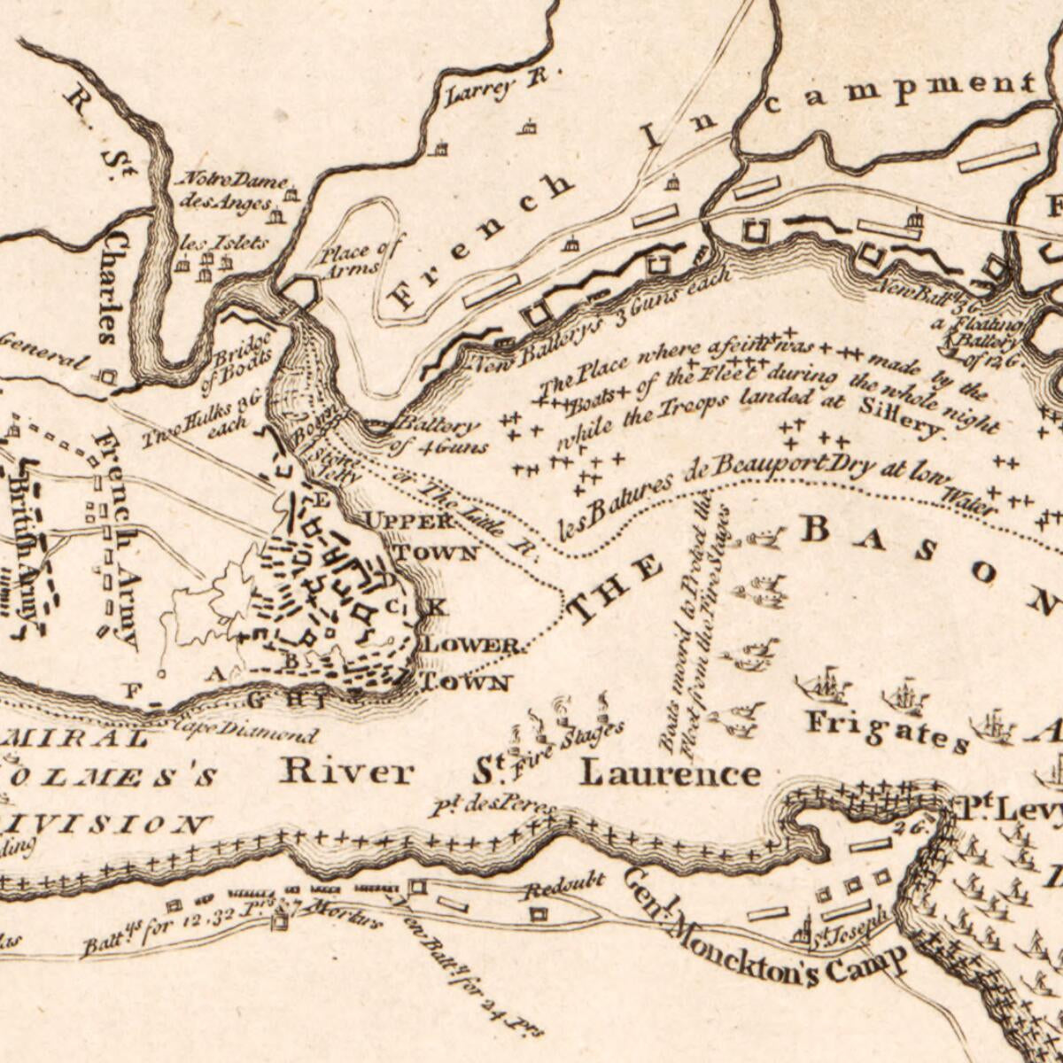 This old map of An Authentic Plan of the River St. Lawrence from Sillery to the Falls of Montmorency from 1759 was created by J. (John) Gibson in 1759