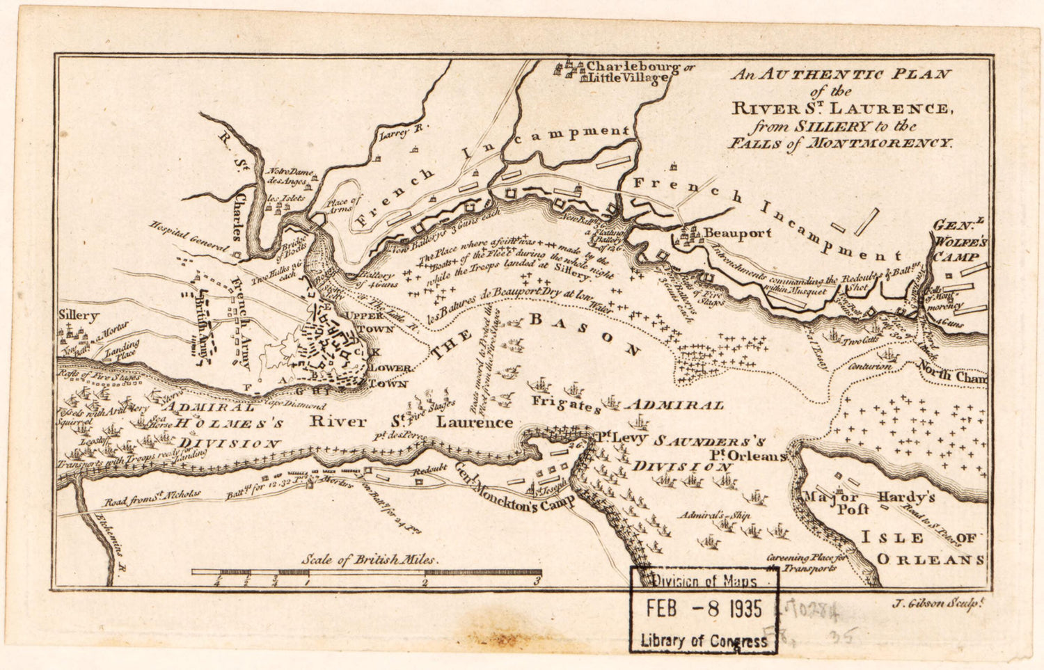 This old map of An Authentic Plan of the River St. Lawrence from Sillery to the Falls of Montmorency from 1759 was created by J. (John) Gibson in 1759