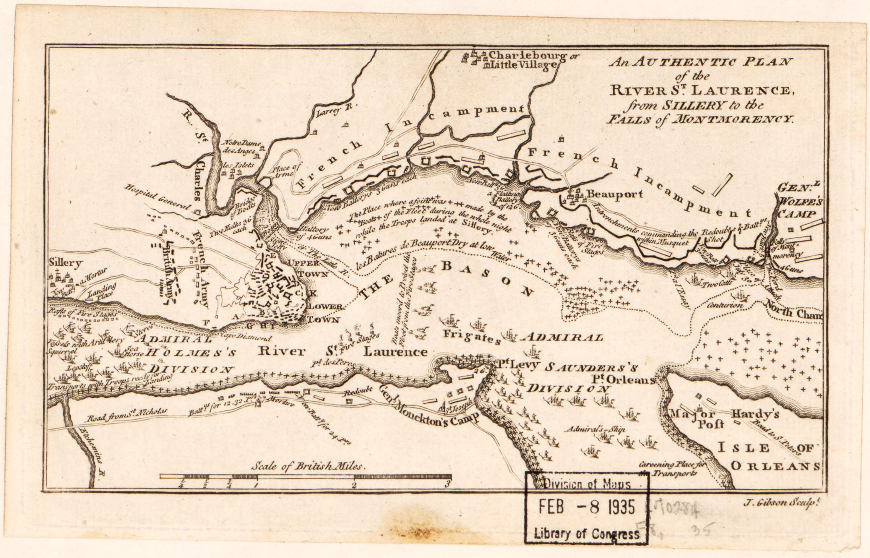 This old map of An Authentic Plan of the River St. Lawrence from Sillery to the Falls of Montmorency from 1759 was created by J. (John) Gibson in 1759
