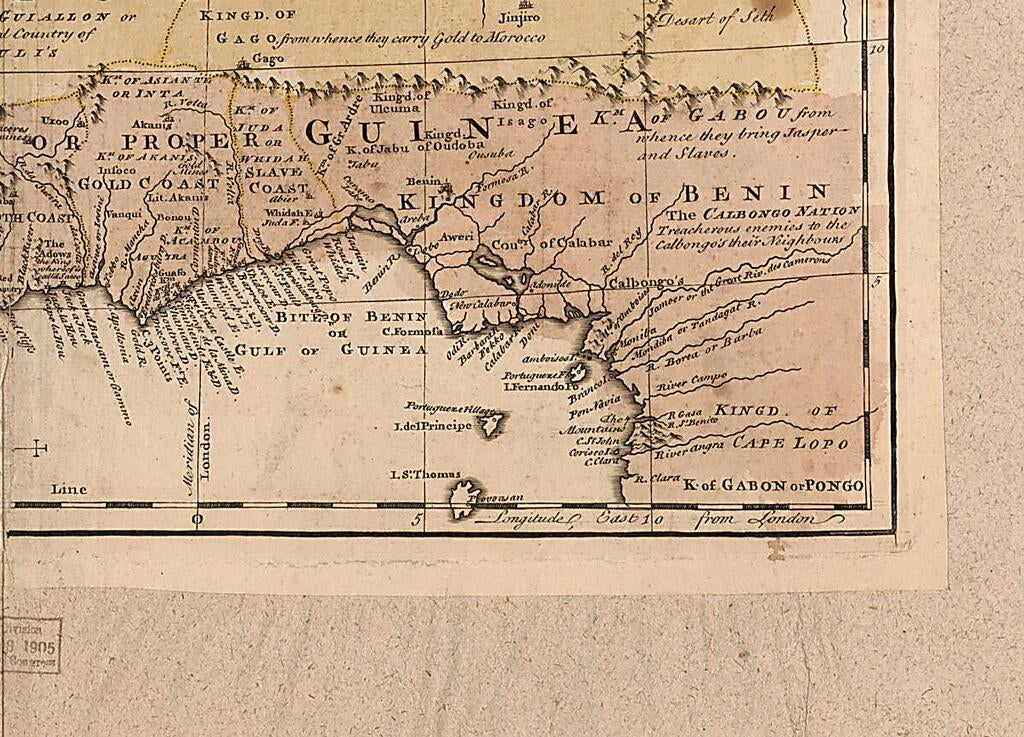 This old map of A New & Accurate Map of Negroland and the Adjacent Countries : Also Upper Guinea, Showing the Principle European Settlements & Distinguishing Wch. Belong to England, Denmark, Holland & C : the Sea of the Rivers Being Drawn from Surveys &