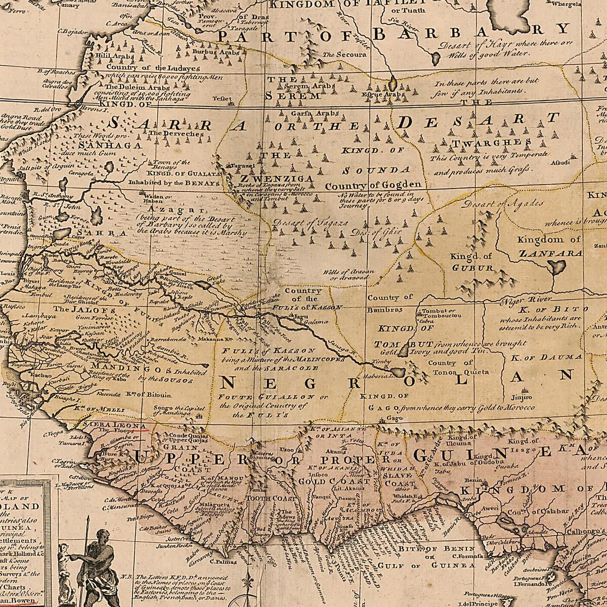 This old map of A New & Accurate Map of Negroland and the Adjacent Countries : Also Upper Guinea, Showing the Principle European Settlements & Distinguishing Wch. Belong to England, Denmark, Holland & C : the Sea of the Rivers Being Drawn from Surveys &